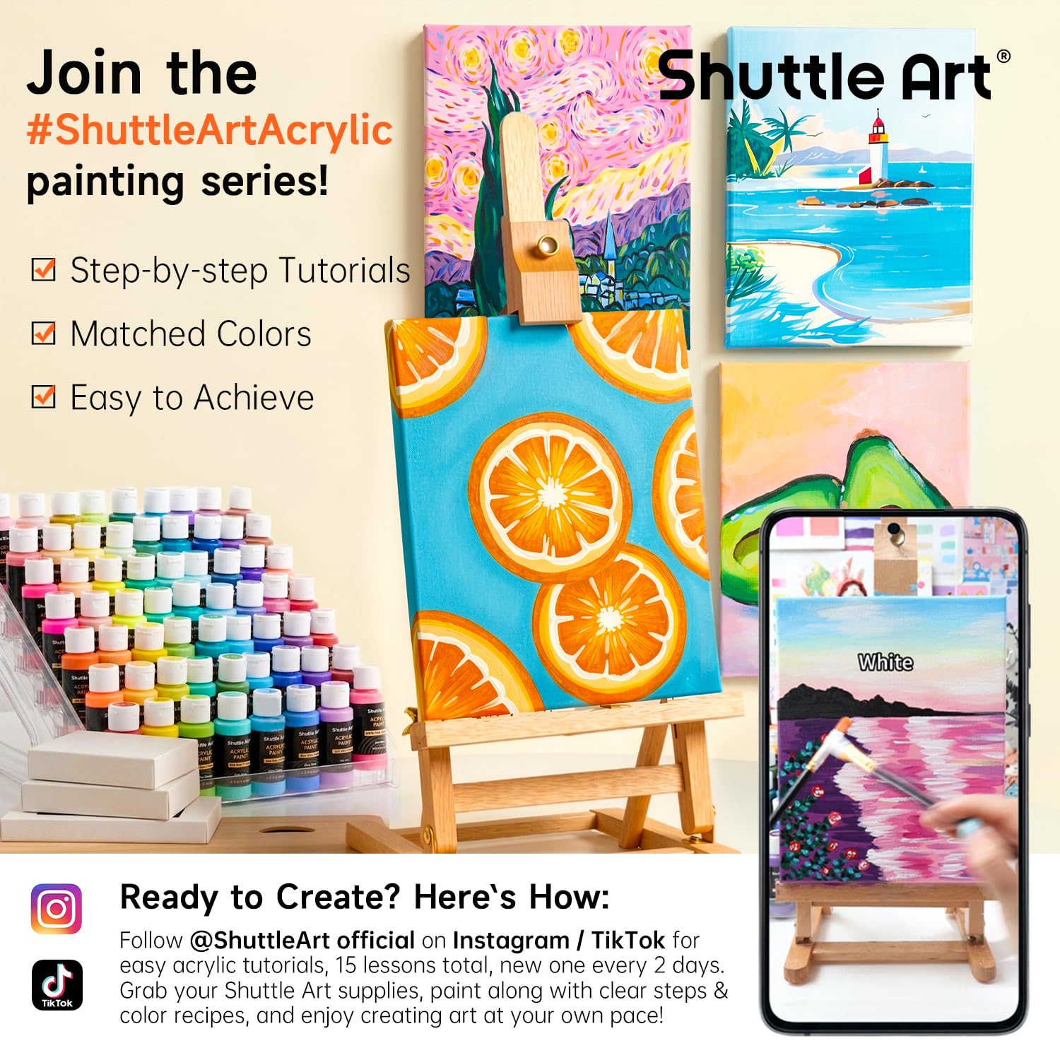 Shuttle Art Acrylic Paint Set, 36 Colors Acrylic Paint (2oz/Bottle) with Brushes & Palette, Rich Pigments Non-toxic Paint for Artists & Adults, Art Supplies for Canvas Rock Ceramic Wood Painting