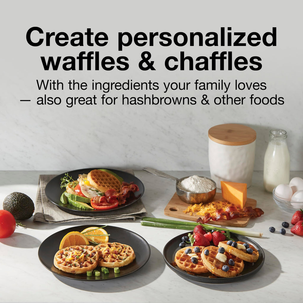 Proctor Silex Double Mini Waffle Maker Machine with 4” Round Non-stick Grids, 2 Individual Breakfast Keto Chaffles and Hashbrowns, Compact, 700 watts ,Black (26102MN)