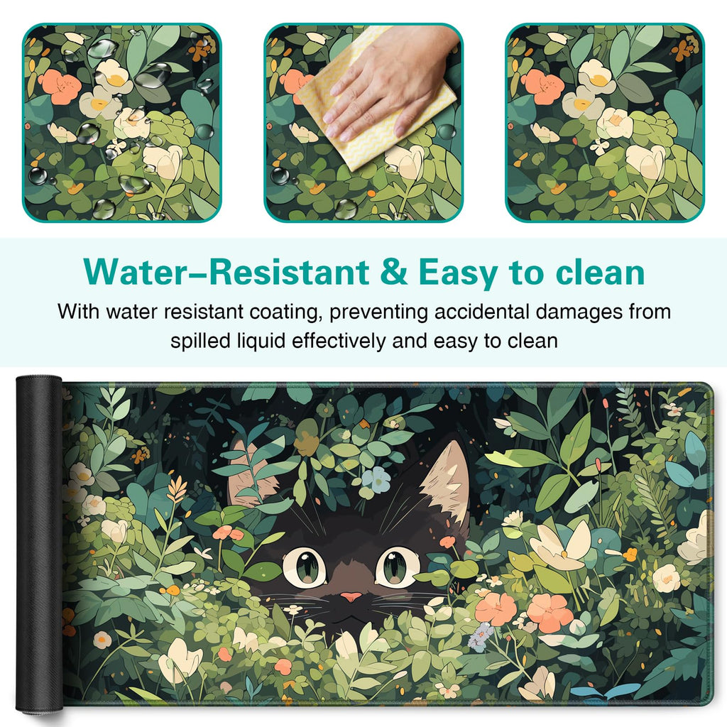 Anime Cat Mouse Pad Green Desk Mat, Kawaii XXL Large Mouse Pad Keyboard with Stitched Edges Non-Slip, 35.4×15.7in Mousepad Mat for Desktop Computer Laptop Office Women Decor Game Funny