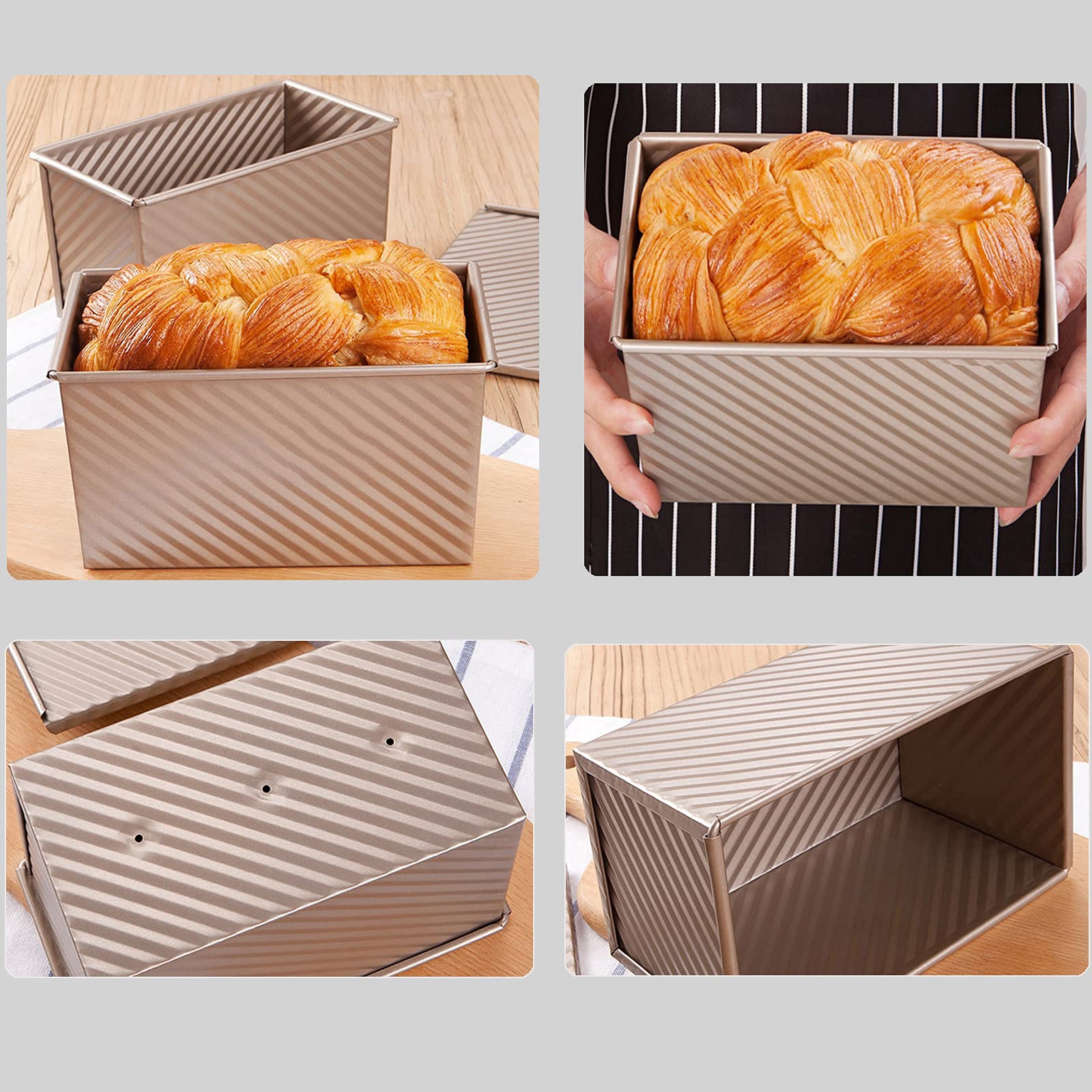 Spmarkt Pullman Loaf Pan with Lid, Aluminized Steel 1 Lb Nonstick Sandwich Bread Pan for Homemade Bread, 8.4x4.8 Inch Professional Rectangular Loaf Pan with Dough Scraper and Cutter