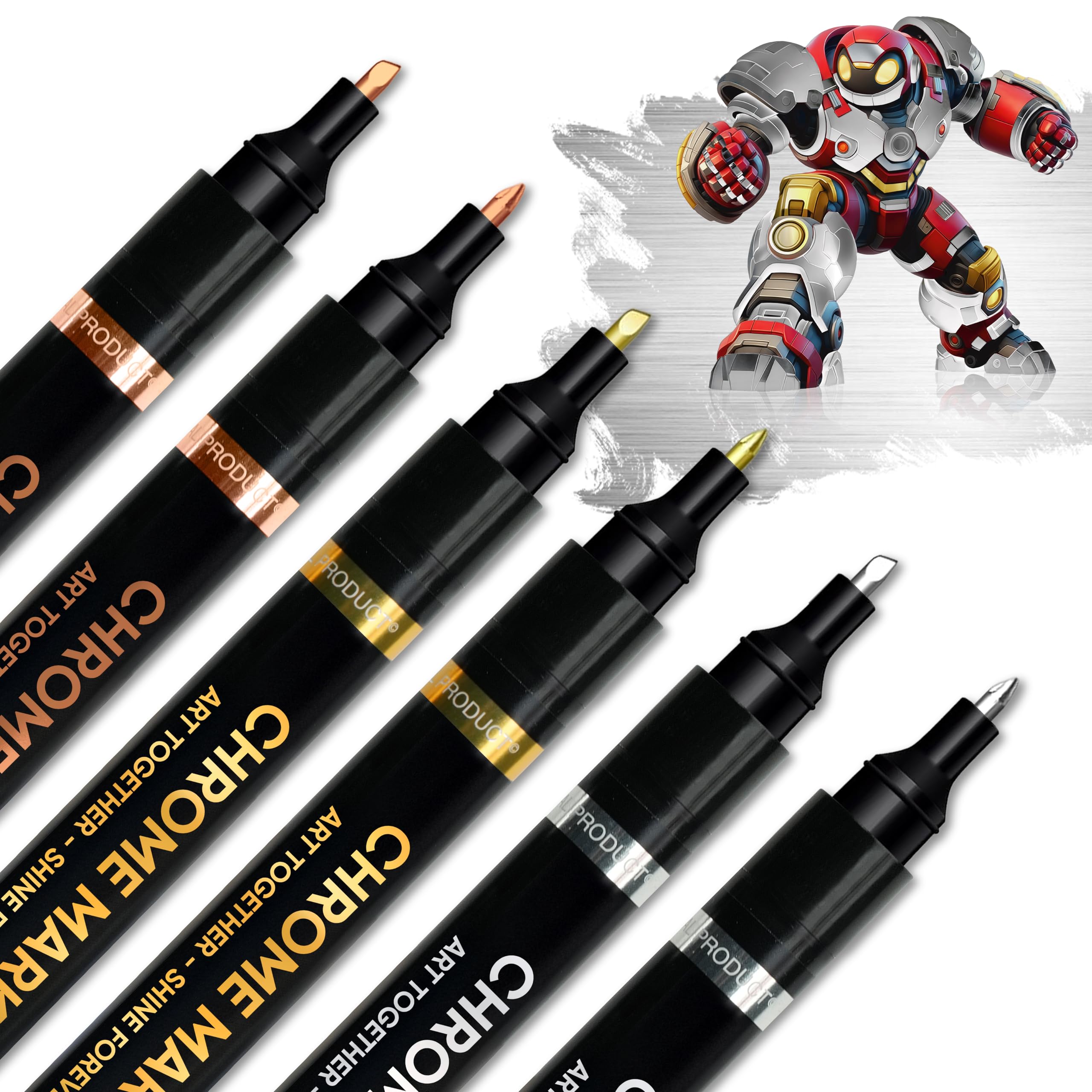 COORIART 6PK Liquid Chrome Markers - Permanent Mirror Chrome Pens, Chrome Paint Pens for Plastic, Metal, Model Painting, Touch Up & Repair Kit, Set of 2 Tips (0.7mm, 1-3mm)