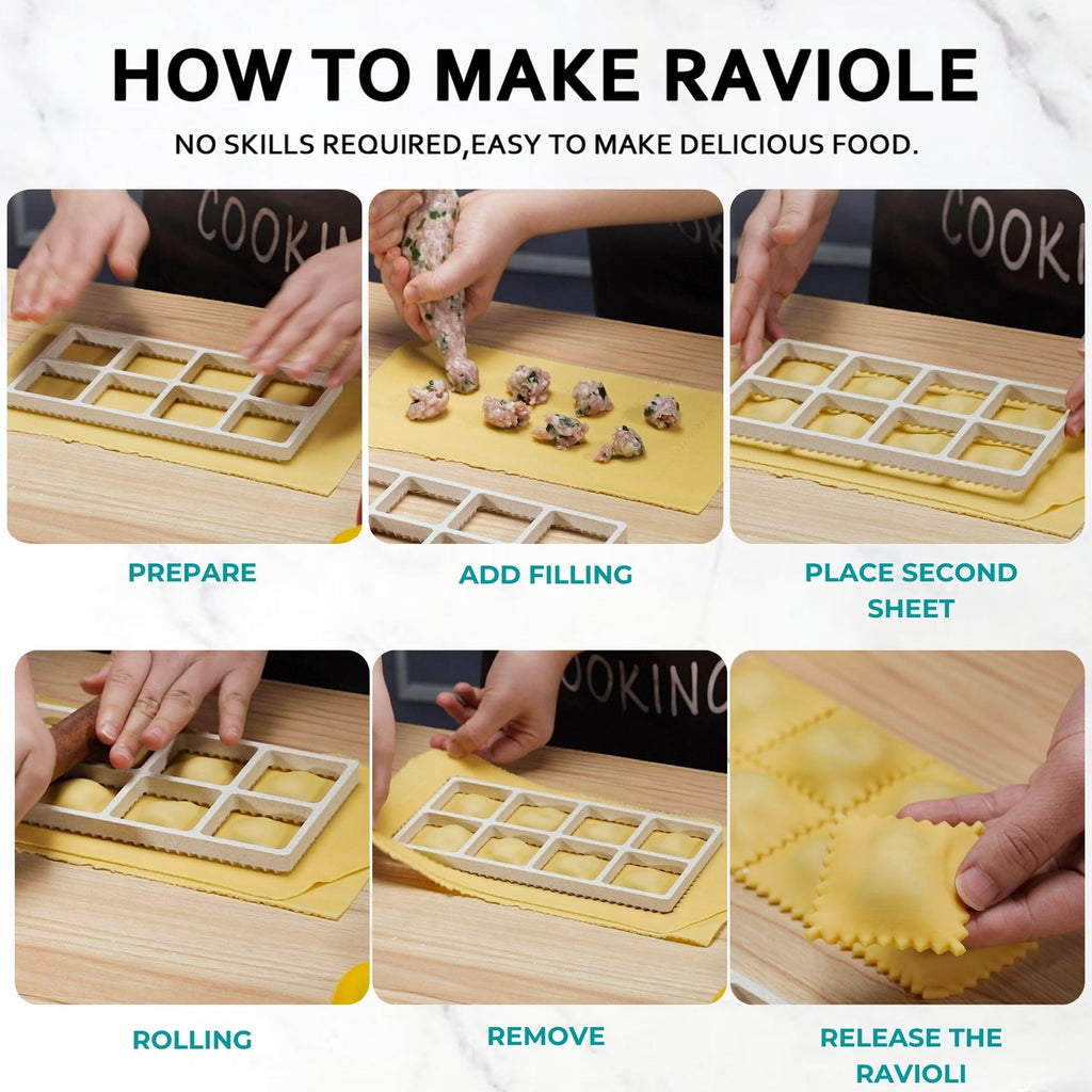 MUMSUNG 6pcs Ravioli Cutter Set, 8 Holes Press Ravioli Maker with Wooden Rolling Pin, Pasta Wheel Cutter and Small Dumpling Maker