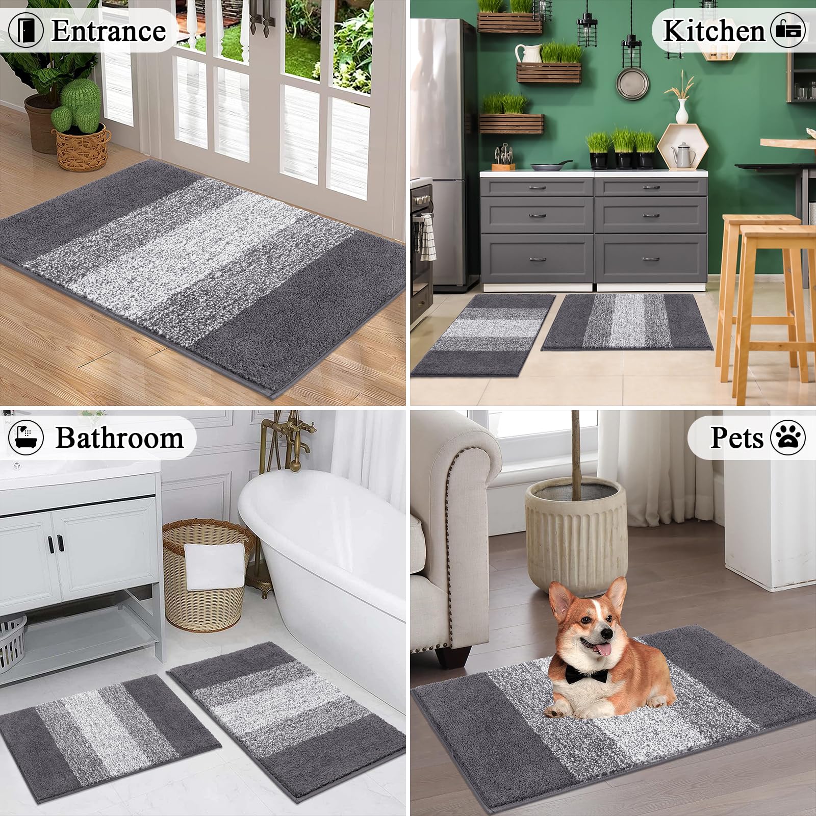 Vaukki Luxury Soft Bathroom Rugs Set of 2, Non Slip Washable Plush Bath Floor Mats, Microfiber Shaggy Absorbent Striped Bath Carpet for Tub, Bathroom and Shower (18''x26''+20''x32'', Grey)