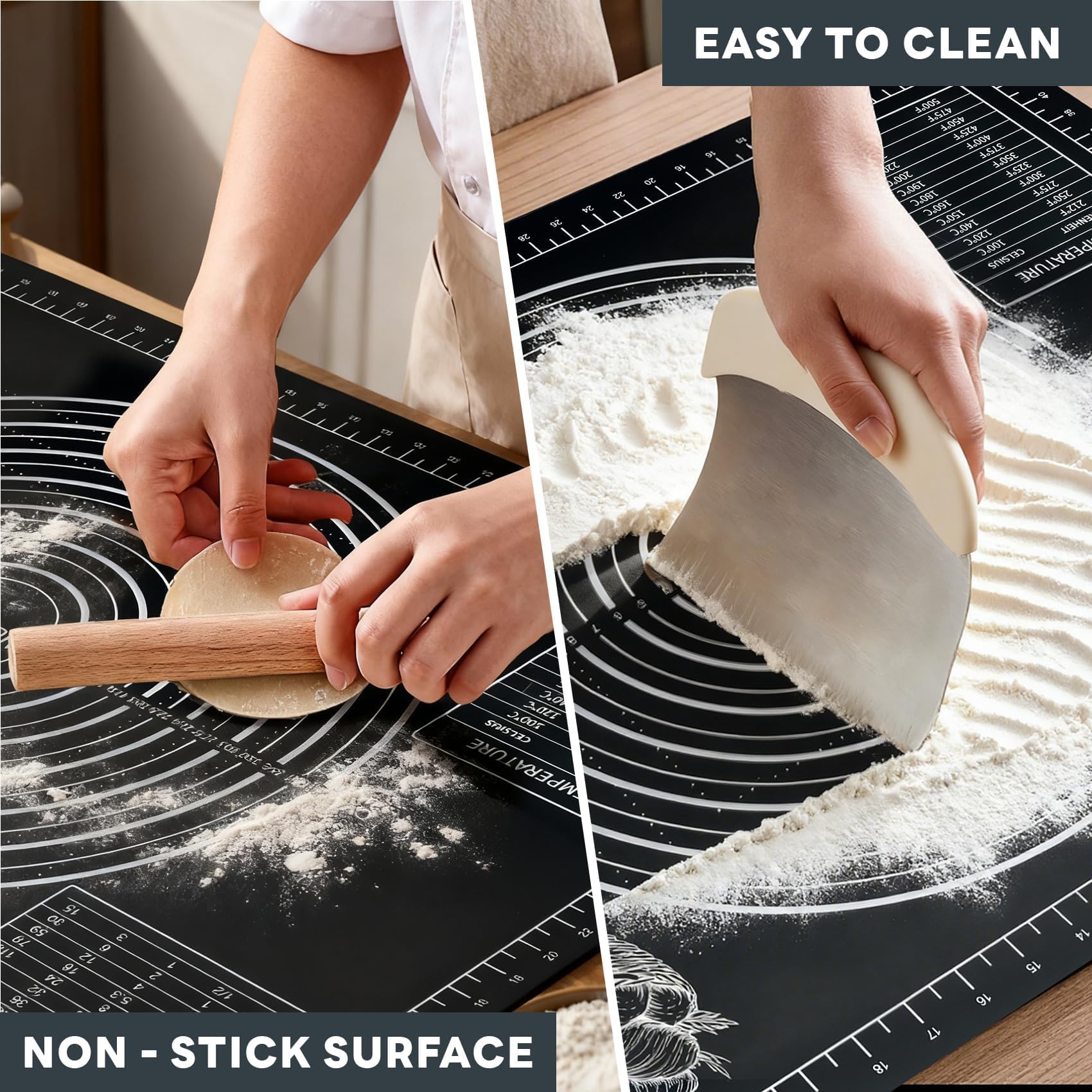 Nauvora Extra Large Baking Mat - 28" Silicone Pastry Mat, Reusable Non-Stick Dough Mat with Measurement for Fondant, Rolling Dough, Pie Crust, Pizza and Cookies, Black