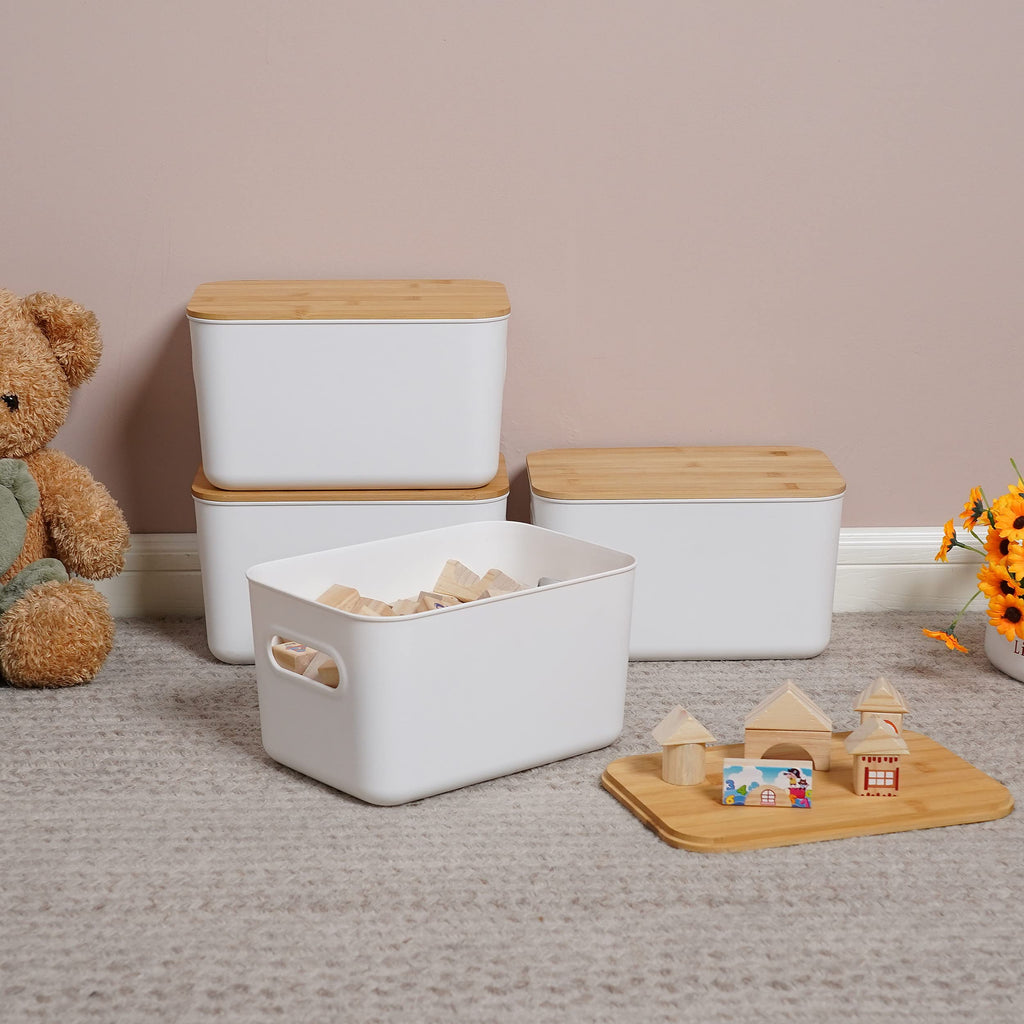 Citylife Closet Organizers and Storage - 4PCS Plastic Storage Bins with Bamboo lids, Stackable Storage Containers for Organizing, Bundled with Labels and Marker 10.24 x 7.01 x 6.1 inch