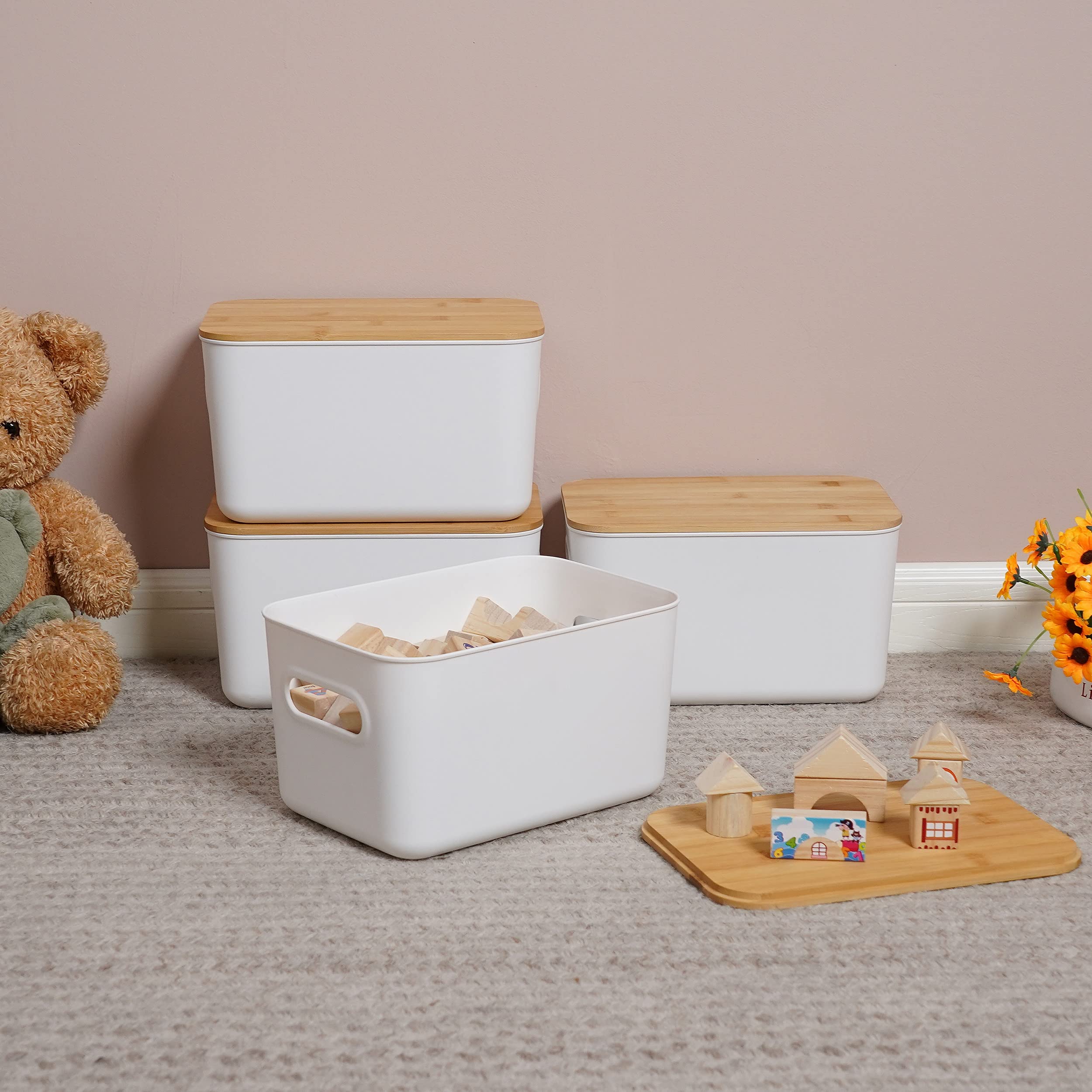 Citylife Closet Organizers and Storage - 4PCS Plastic Storage Bins with Bamboo lids, Stackable Storage Containers for Organizing, Bundled with Labels and Marker 10.24 x 7.01 x 6.1 inch