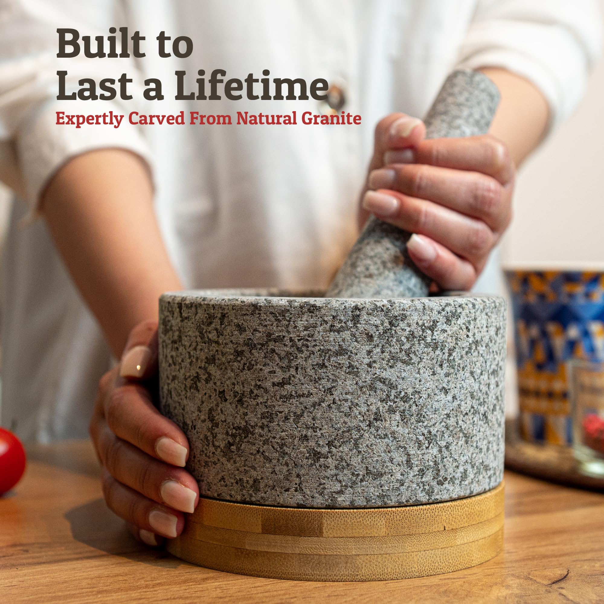 Heavy Duty Mortar and Pestle Set with Bamboo Base, Large 2 Cups, 100% Natural Granite Mortar and Pestle Large Stone Grinder Bowl, Molcajete Bowl, Masher Guacamole Bowls, Unpolished Grey