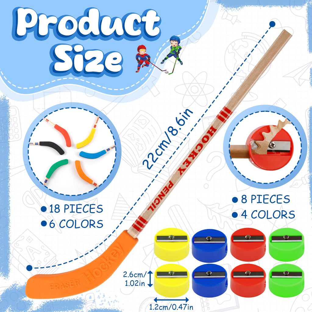 OT-NVWOZR 18pcs Hockey Pencils with Erasers, 9 Inch Multicolor Hockey Sticks Pencils with 8pcs Mini Round Pencil Sharpeners, Fun Cool Pencil Gifts for Fans Students, Sports Party Favors