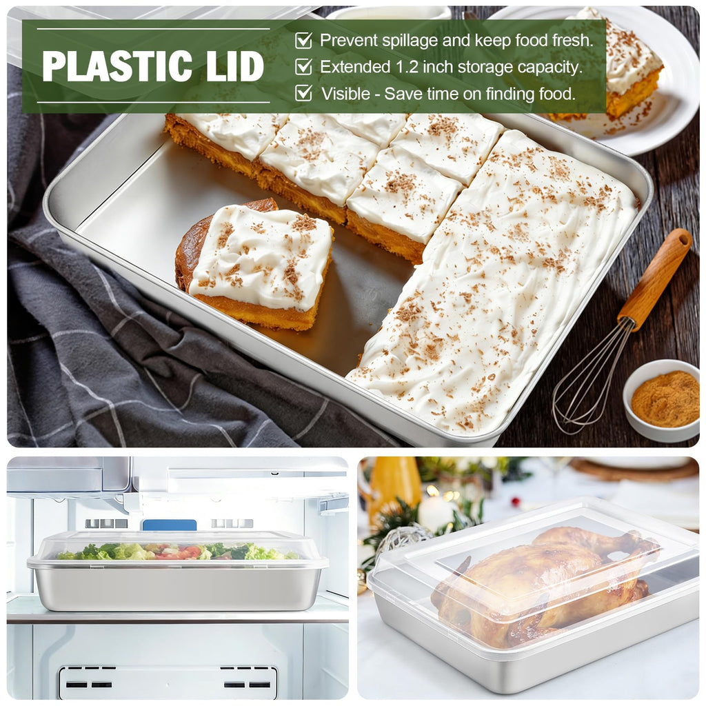 TeamFar Lasagna Pan, 12⅖’’ x 9¾’’ x 1.85’’ Stainless Steel Rectangular Cake Brownie Baking Pan with Lid, Non-Toxic & Heavy Duty, Brush Surface & Deep Side, Dishwasher Safe-2 Pans+2 Lids