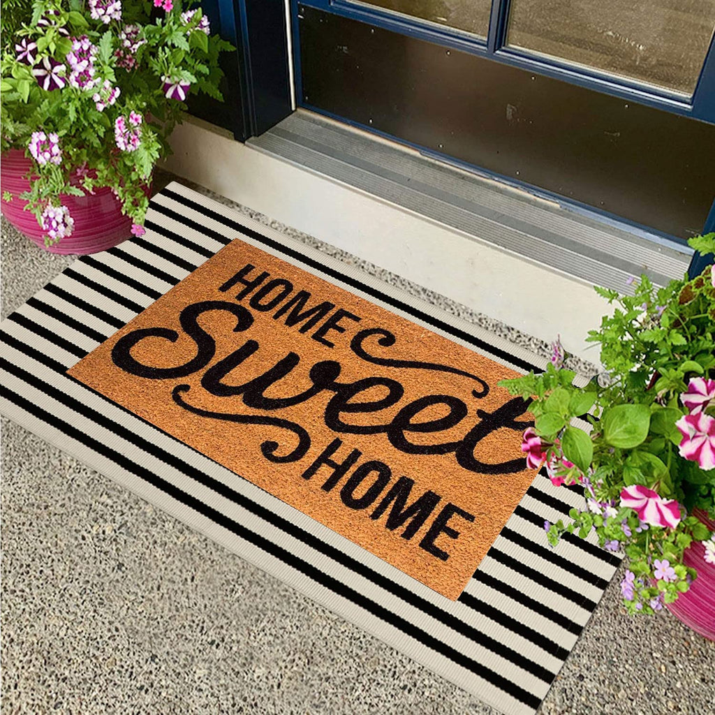famibay Black and Beige Front Door Mat Outdoor Cotton Handwoven Farmhouse Layered Door Mat 2x4.2Ft Washable Striped Porch Rug Carpet Mat for Entrance Balcony Bedroom