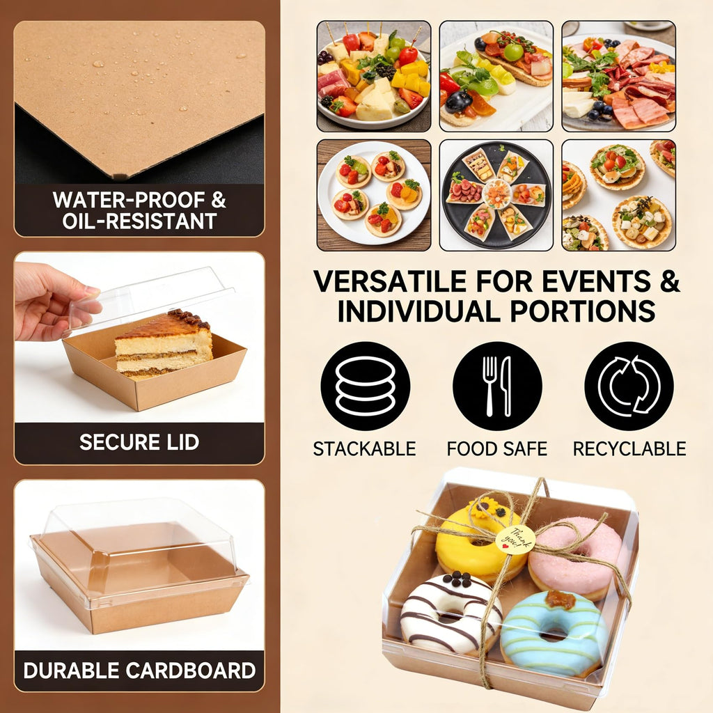 Zentriqlla 100 Pack Charcuterie Boxes with Clear Lids, Disposable Bakery Dessert Containers, Kraft Bakery Box with Twine & Stickers for Sandwich, Snacks, Cakes, Weddings, Strawberries, 5"x5"x2.6"
