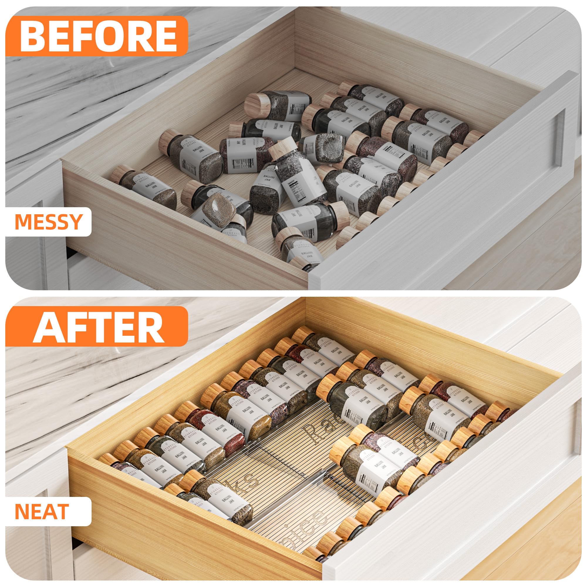 PanPanPal Spice Drawer Organizer, 4 Tier- 4 Pack Clear Acrylic Drawer Seasoning Organizer, Expandable From 11'' to 22'' Kitchen Spice Rack Organizers and Storage for Drawer (Jars not included)