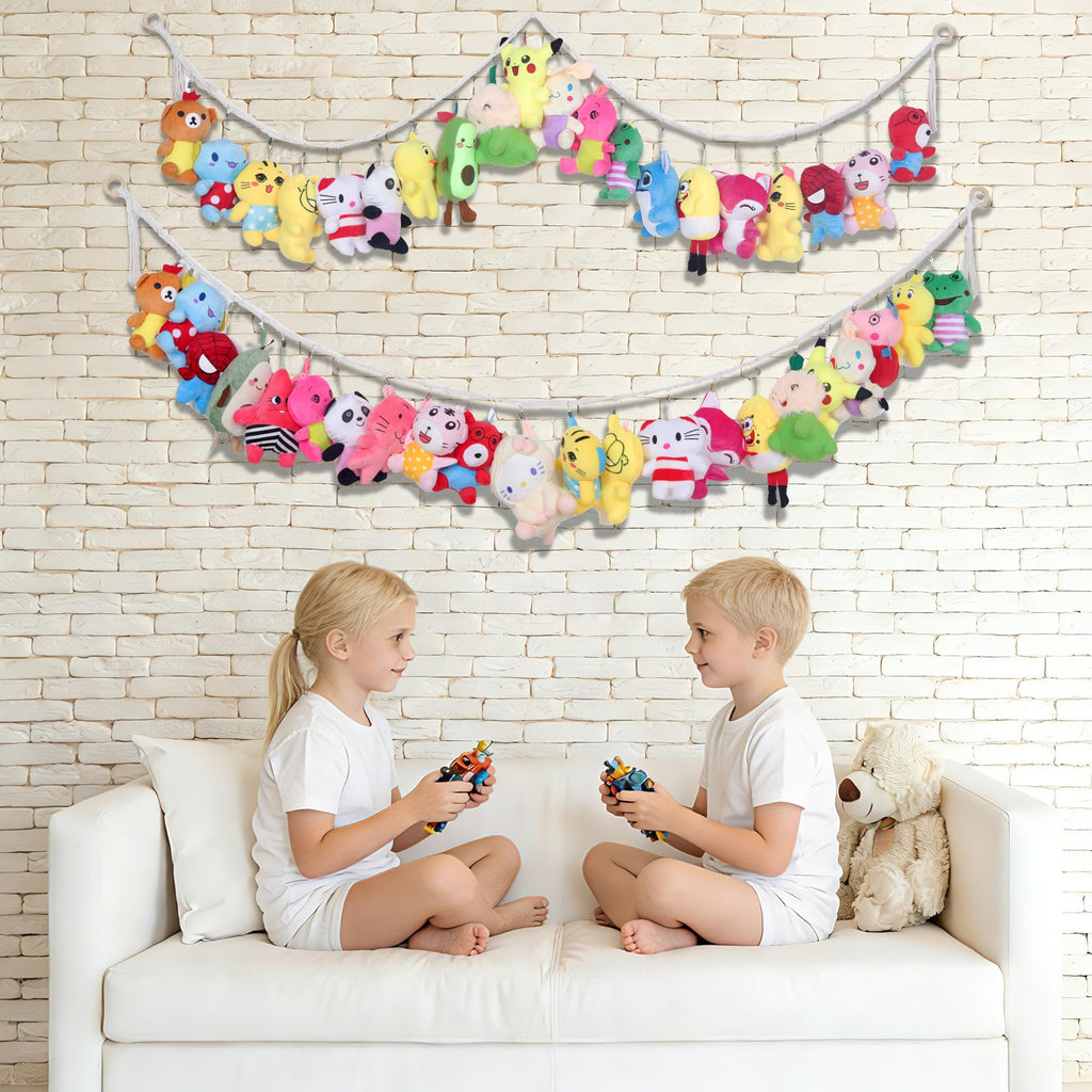 2Pcs Stuffed Animals Storage Chain 80" Hanging Organizer with 40 Metal Clips Stuffed Animal Display Holder Macrame Stuffed Animal Chain Decor Hanger for Nursery Playroom Wall Corner