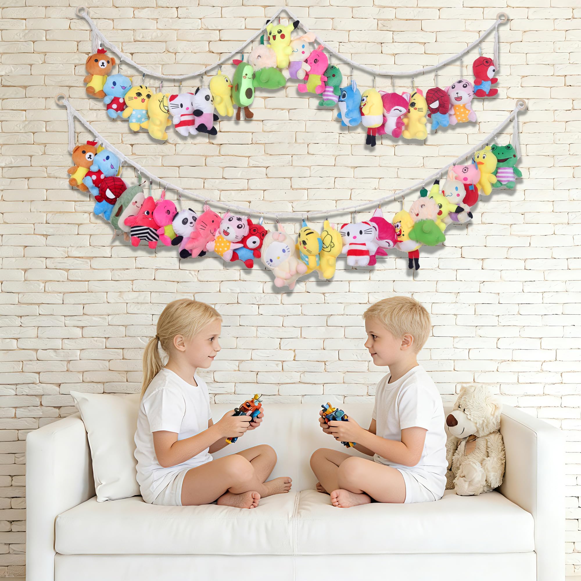 2Pcs Stuffed Animals Storage Chain 80" Hanging Organizer with 40 Metal Clips Stuffed Animal Display Holder Macrame Stuffed Animal Chain Decor Hanger for Nursery Playroom Wall Corner