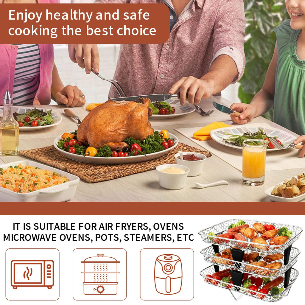 GWYXC 3-Tier Air Fryer Baskets, 7.79×5.23" Stackable Stainless Steel Racks for Ninja Foodi Dual Zone DZ071 DZ090 DZ201 DZ302 DZ401 DZ550 SL401, Rectangular Air Fryer Accessories with Silicone Feet