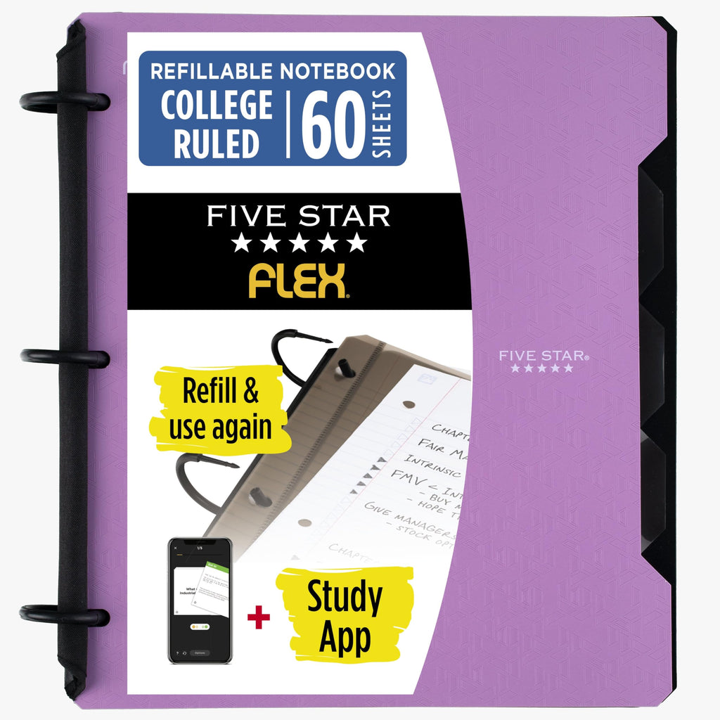 Five Star Flex Refillable Notebook + Study App, College Ruled Paper and 1 Inch TechLock Ring Binder with Pockets, Tabs and Dividers, 200 Sheet Capacity, Amethyst Purple (29328AB6)