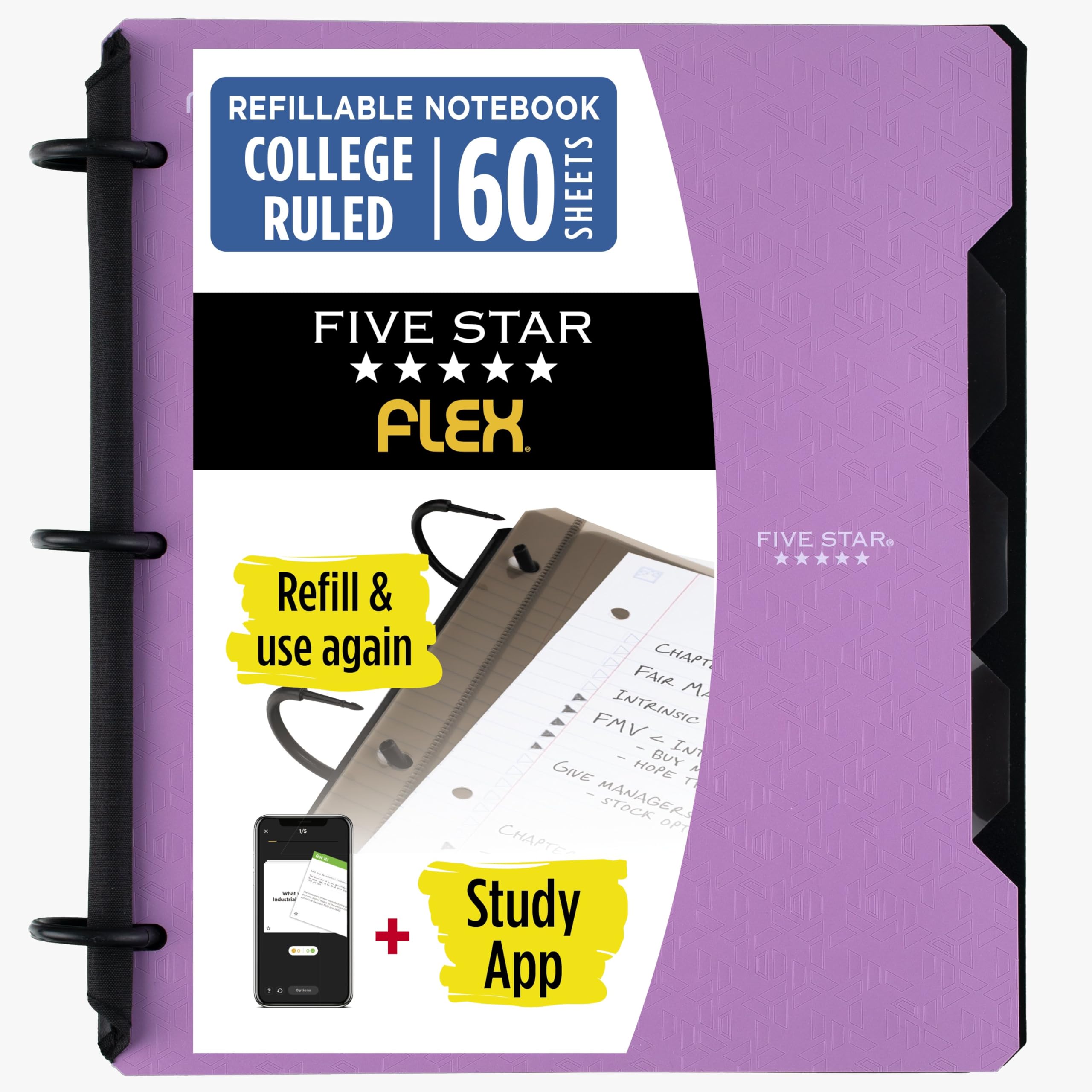 Five Star Flex Refillable Notebook + Study App, College Ruled Paper and 1 Inch TechLock Ring Binder with Pockets, Tabs and Dividers, 200 Sheet Capacity, Amethyst Purple (29328AB6)
