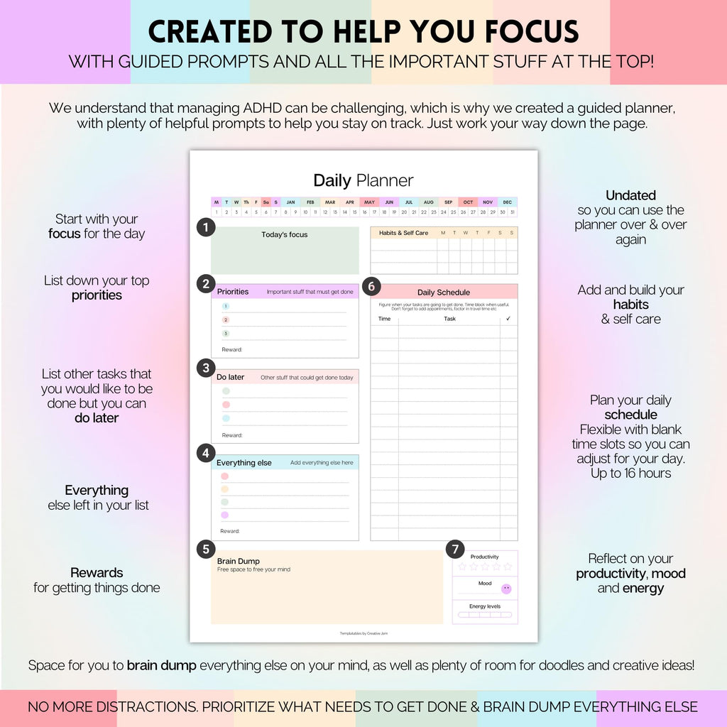 ADHD Daily Planner for Neurodivergent Adults - Productivity Daily Planner & Task Management to Stay Organized and Focused - A5 Pastel Rainbow