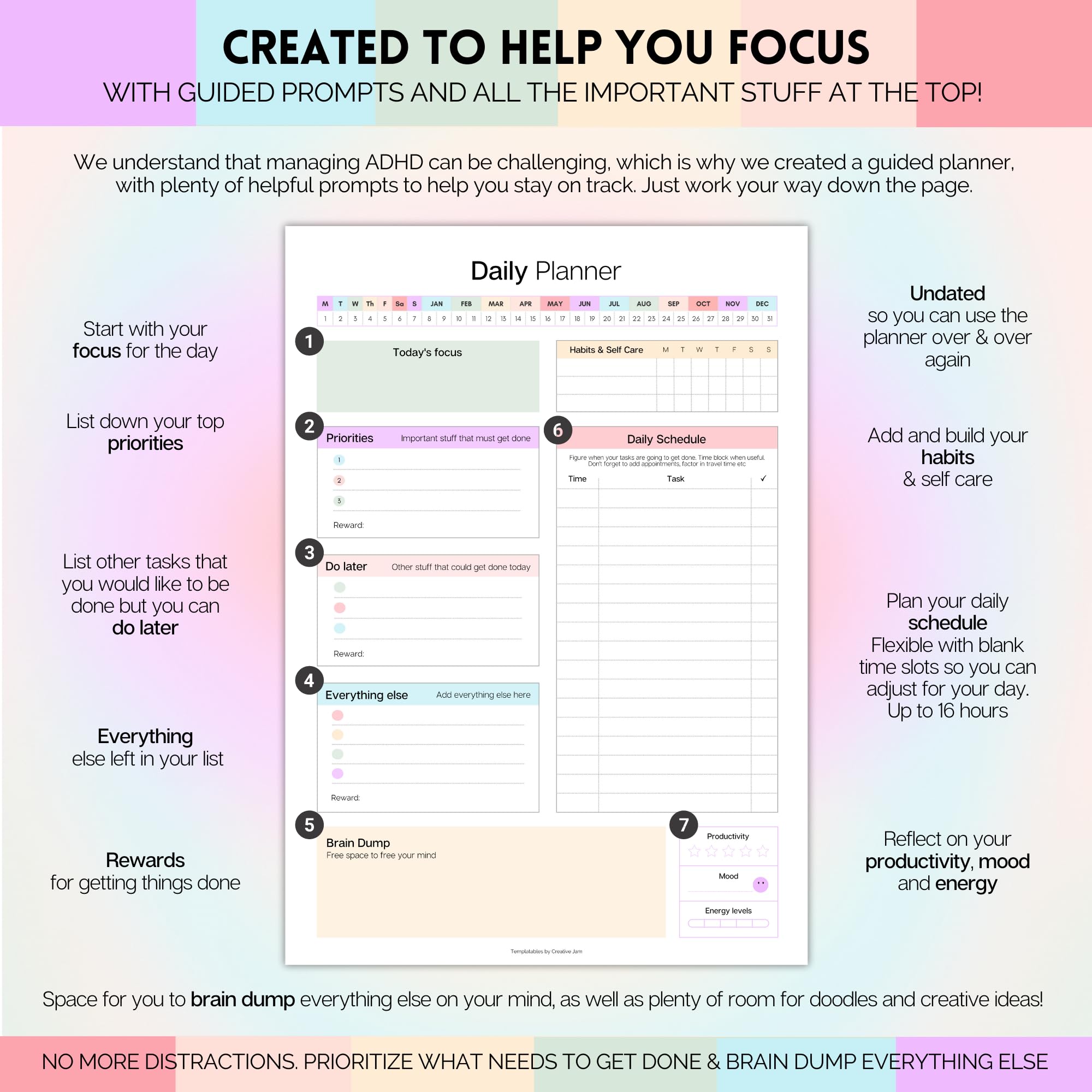 ADHD Daily Planner for Neurodivergent Adults - Productivity Daily Planner & Task Management to Stay Organized and Focused - A5 Pastel Rainbow