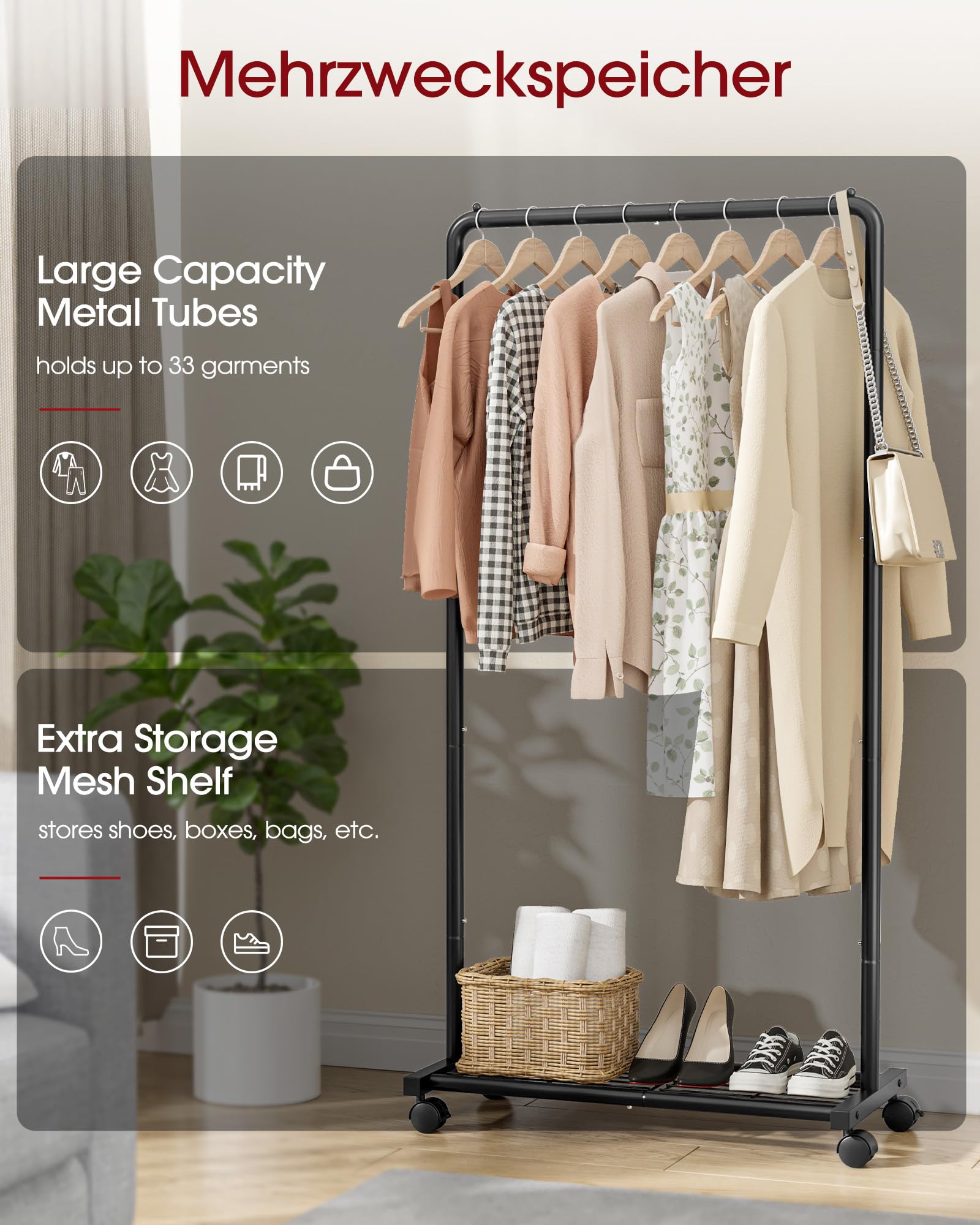 Sakugi Clothing Rack - Movable Multi-Functional Coat Rack with 4 Universal Wheels, Long-Lasting Metal Clothes Rack with Extra Storage Shelf for Bedroom, Office, Laundry(Black, 73W x 43.5D x 150H cm)