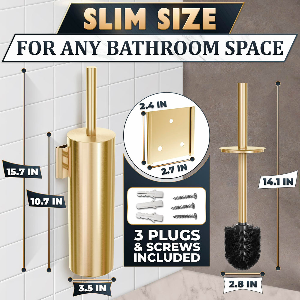 Gold Toilet Brush and Holder Set with Wall Mount - Modern Wall Mounted Toilet Brush Made from Corrosion-Resistant Stainless Steel - Removable Inner Bowl, Splash Protection & Dense Bristles Supplied