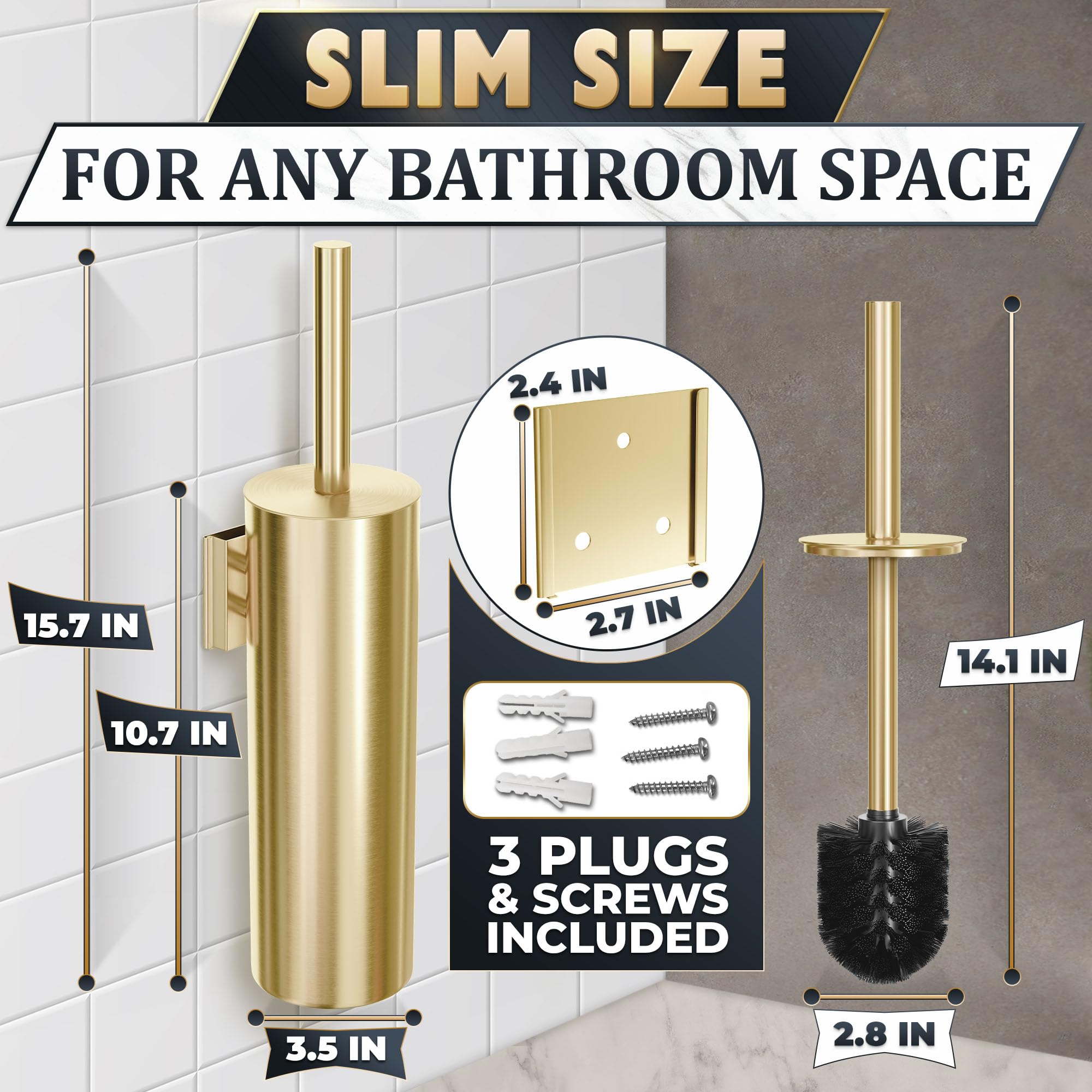 Gold Toilet Brush and Holder Set with Wall Mount - Modern Wall Mounted Toilet Brush Made from Corrosion-Resistant Stainless Steel - Removable Inner Bowl, Splash Protection & Dense Bristles Supplied