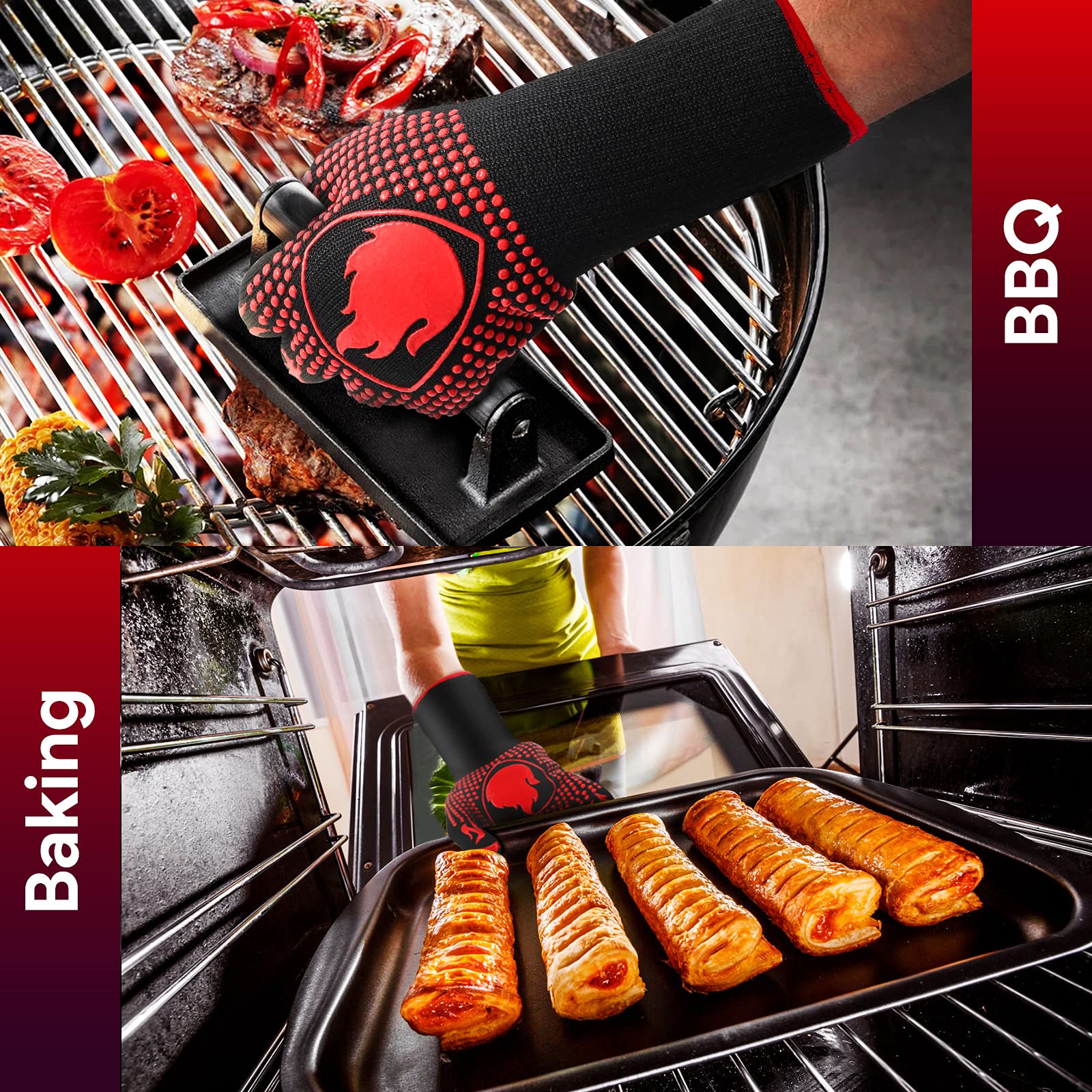 BBQ Gloves, Heat Resistant Oven Mitts Grilling Gloves - 1472℉ Extreme Heat Resistant, Oven Gloves Silicone - Cooking Gloves for Grilling, BBQ, Baking, Welding (A Pair)