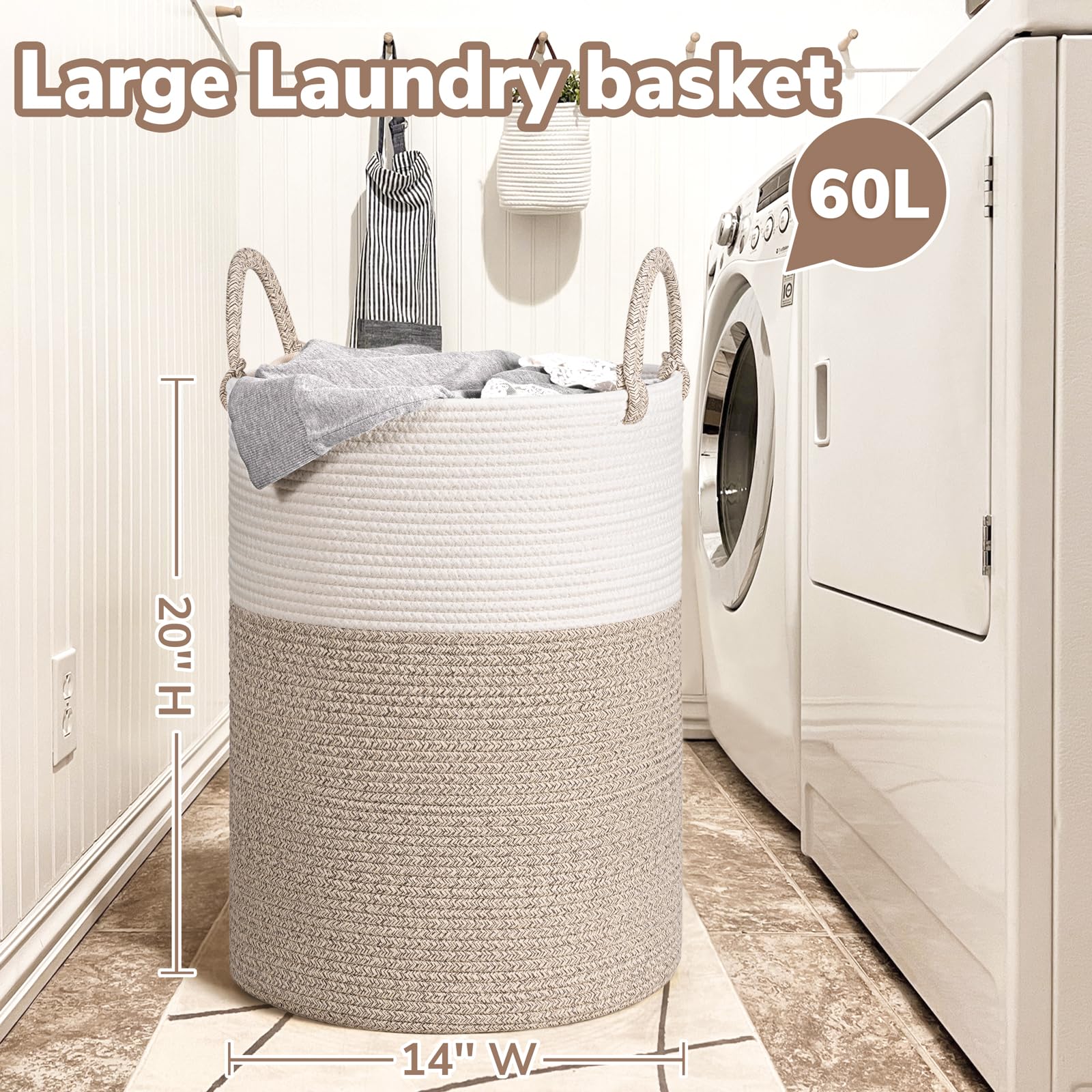 INDRESSME Large Laundry Hamper, 55L Baby Laundry Hamper for Toys, Tall Woven Laundry Basket for Clothes, Blanket Storage Basket for Living Room, 19.7 x 13.8 inches, Light & Brown