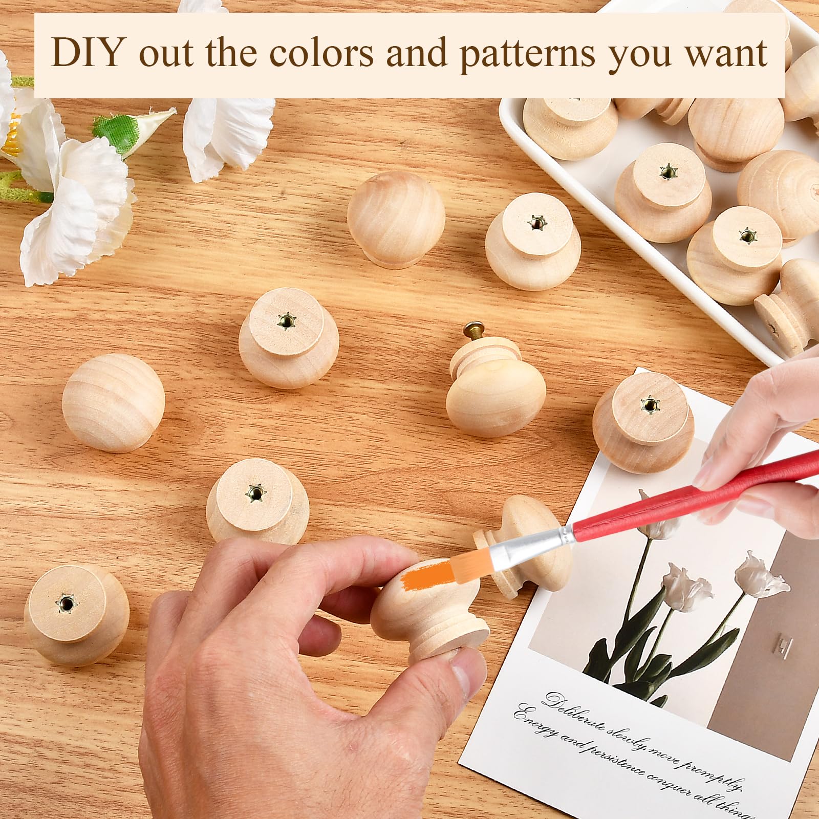 Supkiir 40Pcs Wooden Drawer Knobs, 1.06in Round Mushroom Shape Dresser Knobs, Natural Wood Cabinet Knobs with Screw Unfinished Furniture Knobs for Dresser Drawers Cupboard Door Pulls Handles