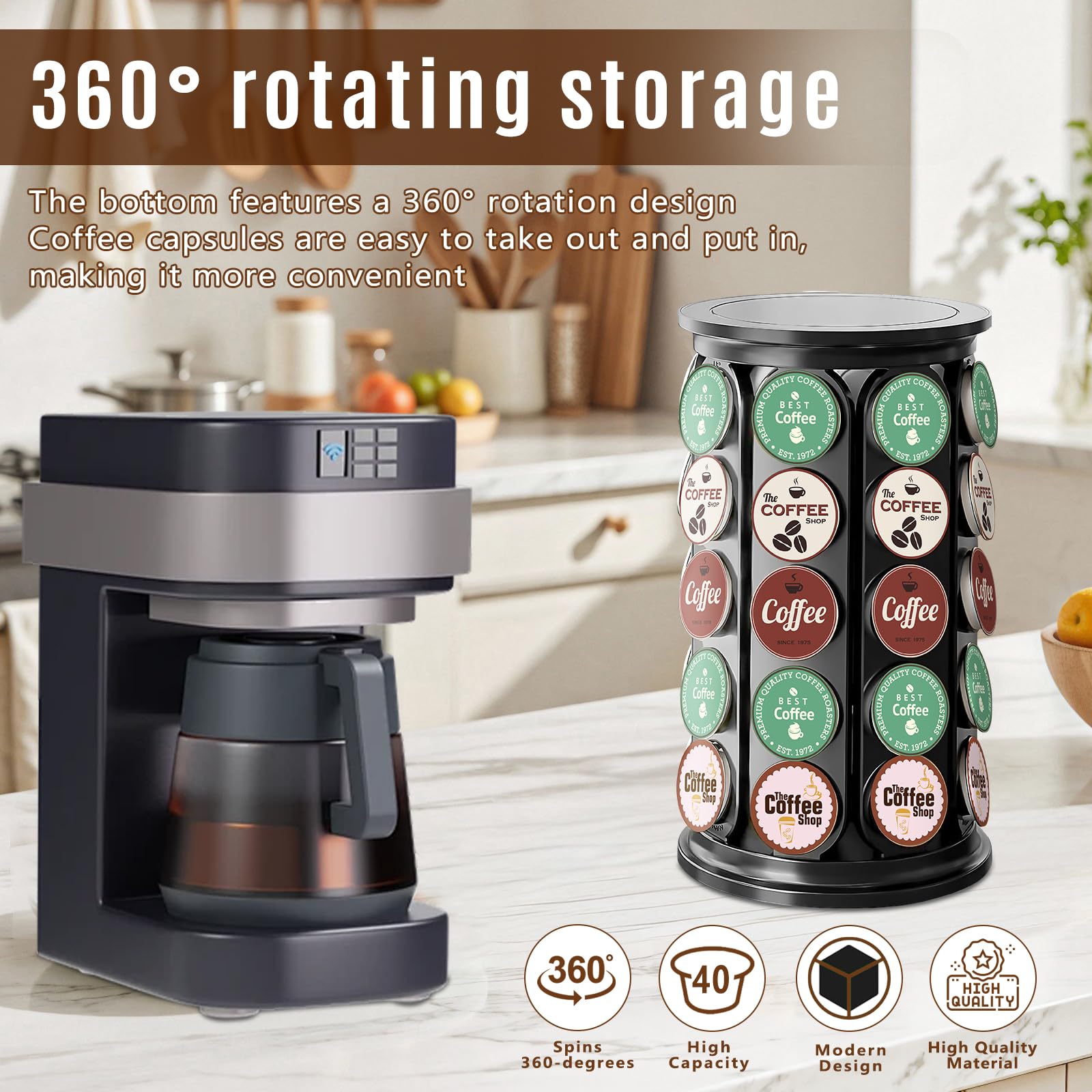 TOMSHUB K Cup Holder，Coffee Pod Storage Carousel Holder Organizer Compatible with 40 Keurig K-Cup Pods，Home or Office Kitchen Counter Organizer（Black）