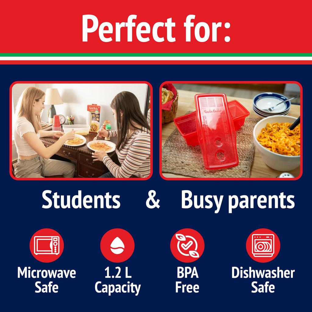 Microwave Pasta Cooker, Uncoated- The Original Fasta Pasta (Red)- Quickly Cooks up to 4 Servings- No Mess, Sticking or Waiting for Boil- Perfect Al Dente Pasta Every Time- for Dorms, Small Kitchens,