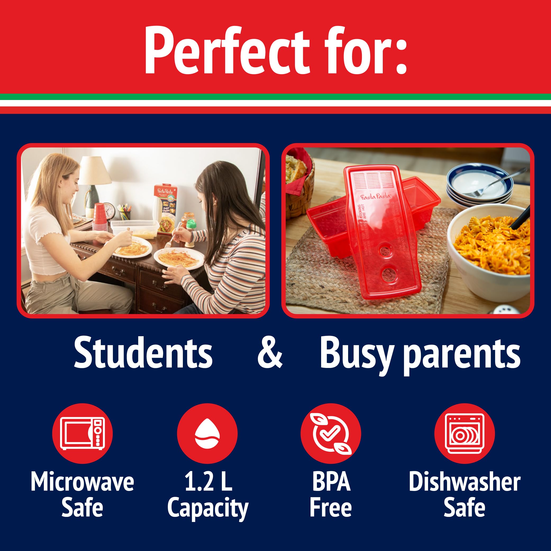 Microwave Pasta Cooker, Uncoated- The Original Fasta Pasta (Red)- Quickly Cooks up to 4 Servings- No Mess, Sticking or Waiting for Boil- Perfect Al Dente Pasta Every Time- for Dorms, Small Kitchens,