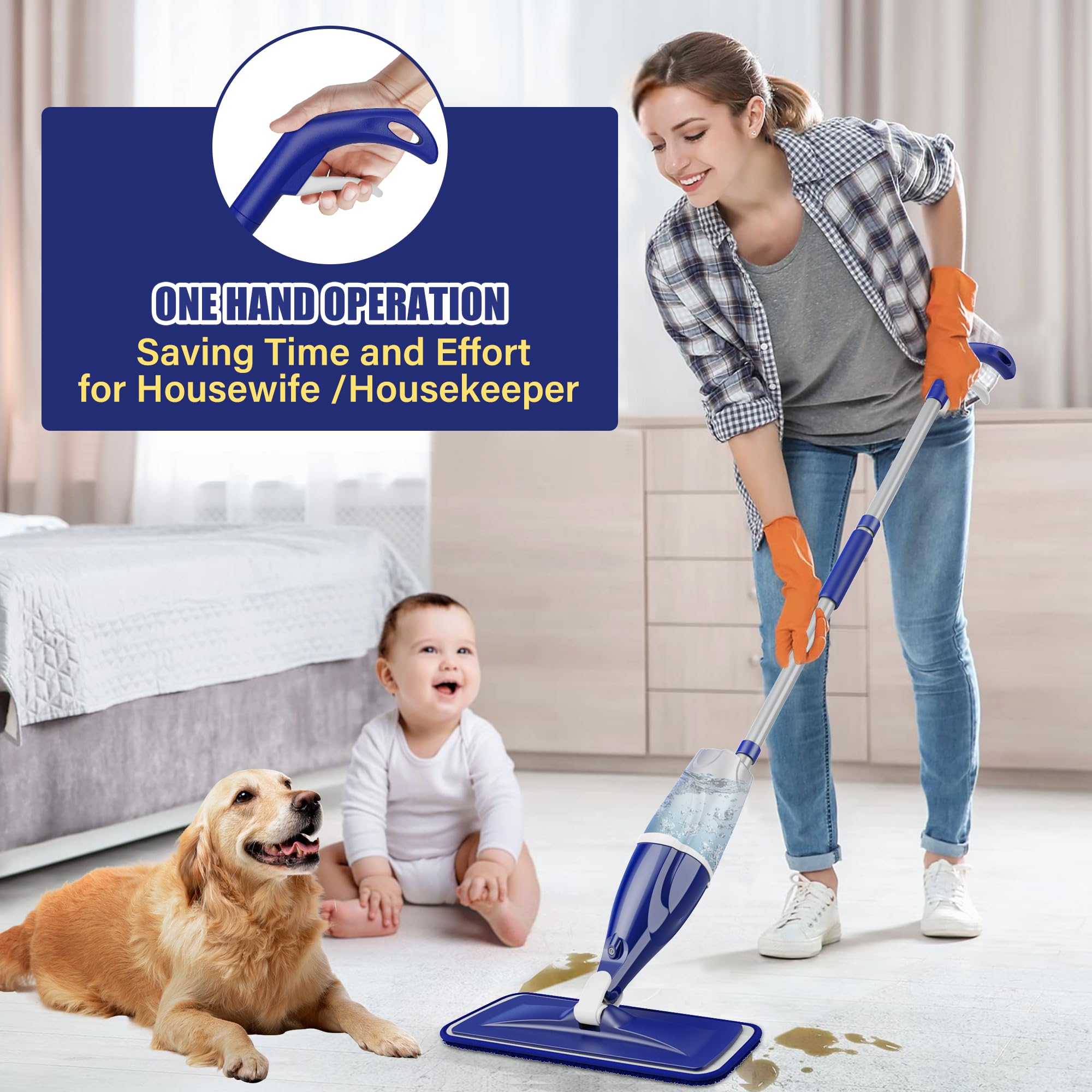 Spray Floor Mops with 3 Reusable Washable Pads for Cleaning Floors - EXEGO Microfibre Floor Mop with Spray Wet Dry Mops Household Flat Mop for Cleaning Laminate Tile Wood Hardwood Ceramic Vinyl