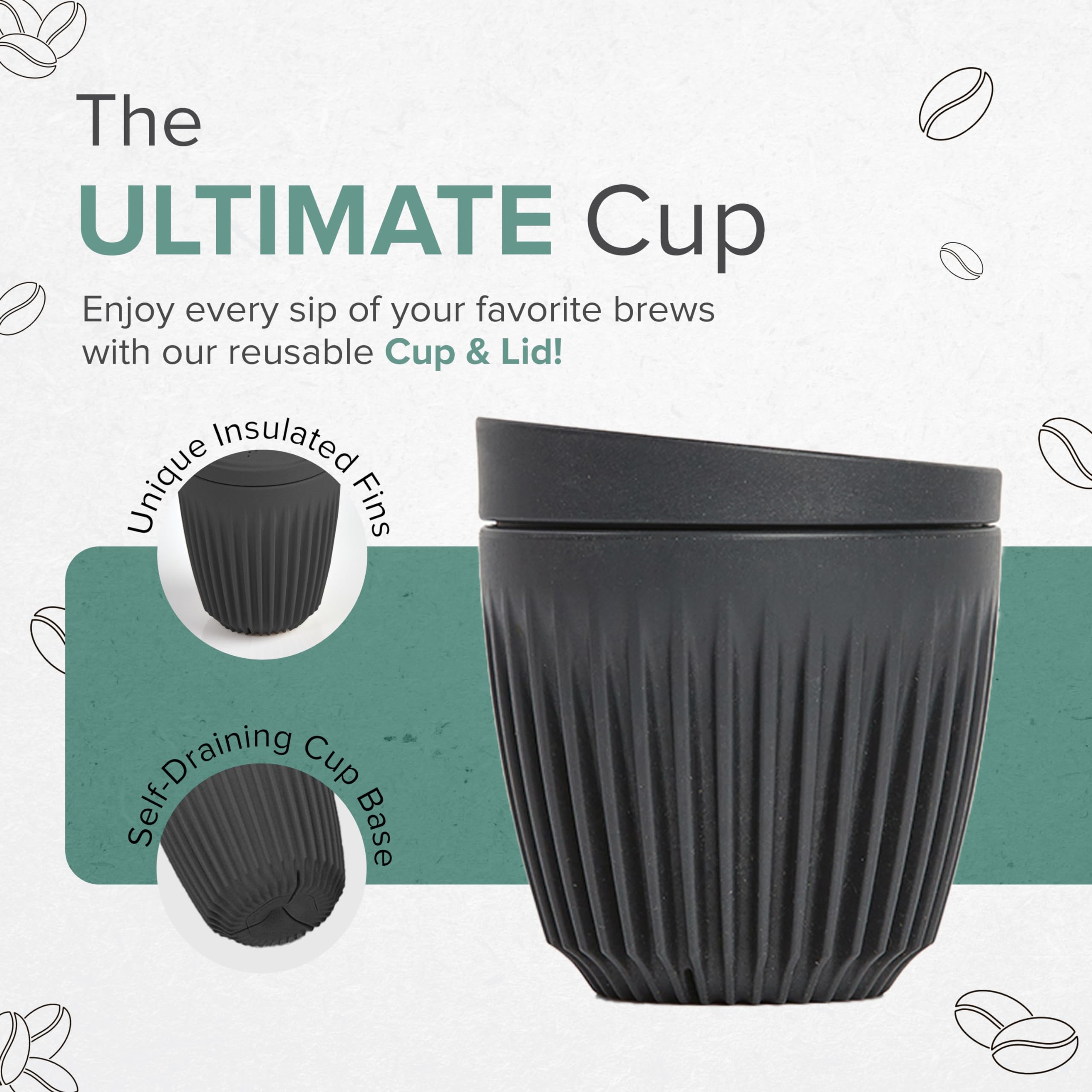 HUSKEE Coffee Cups with Lids - Reusable Coffee Cup with Unique Fins for Espresso, Cappuccino, Americano, Mocha - Insulated & Portable Latte Cups Made with Repurposed Coffee Husks (Natural, 16oz)