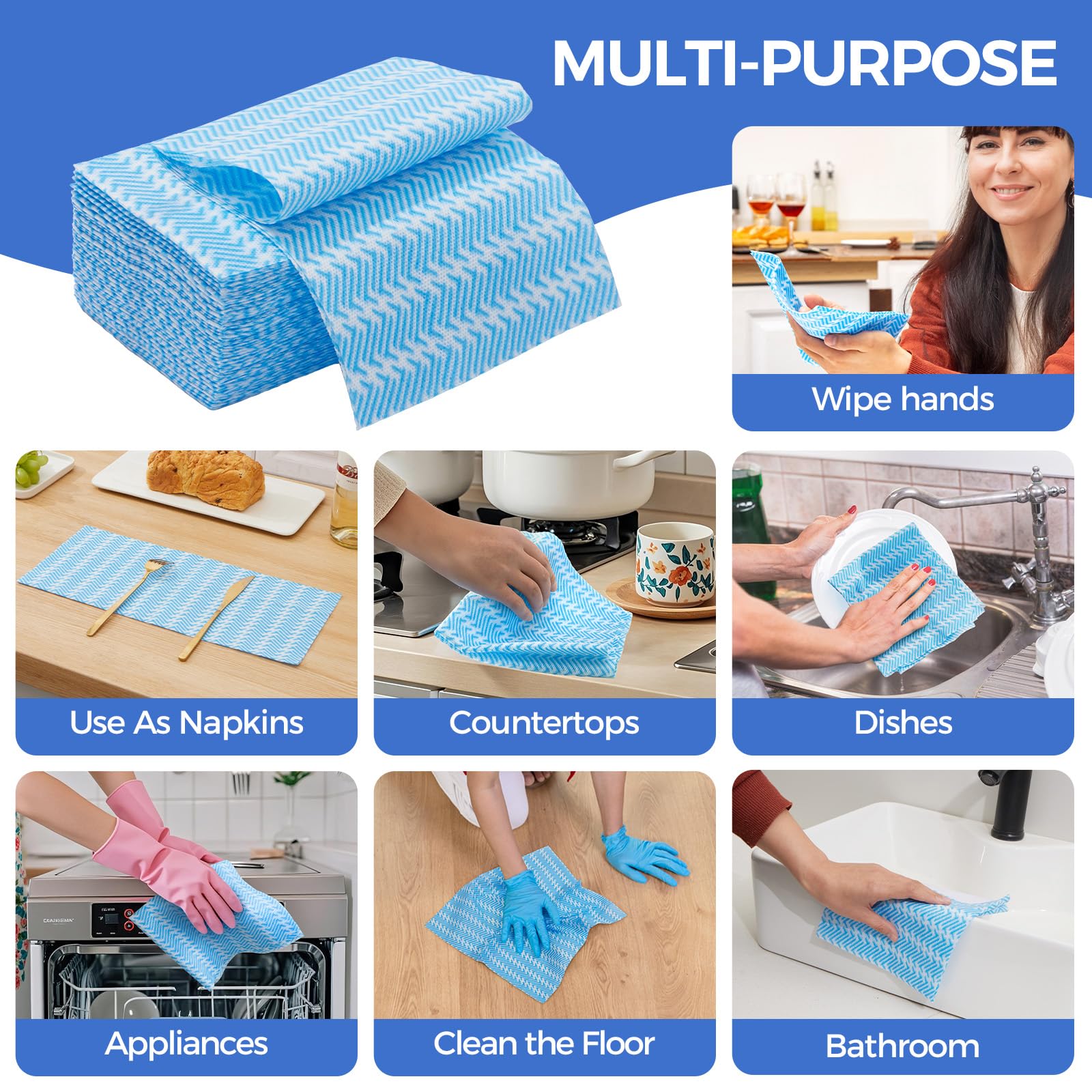 Peachicha Disposable Cleaning Cloth Washing Cloth for Kitchen, Multi-use Dish Towels, Disposable Dish Cloths, Cleaning Rags,100 Count, Blue