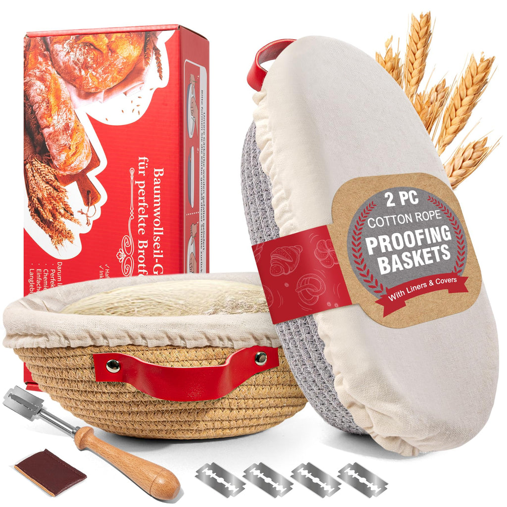 Banneton Proofing Basket Set - 9" Round & 10" Oval with Liners & Covers & Bread Lame | Cotton Rope Sourdough Bread Proofing Basket, Sourdough Tools Baking Supplies Gifts for Bakers, Women, Wife, Mom