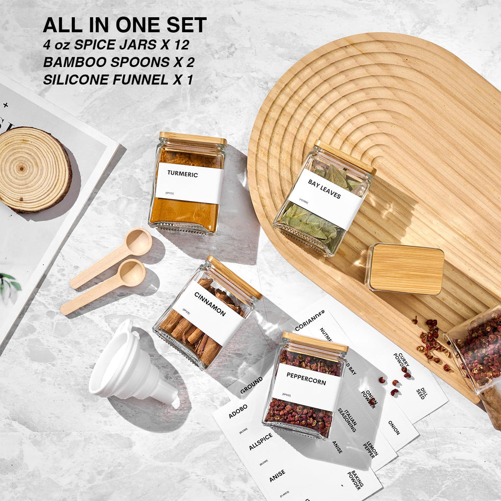 Glass Spice Jars with Bamboo Lid, 4oz Square Spice Containers for Pantry Organization, Seasoning Bottles with Labels, Spoons, Funnel for Salt Sugar