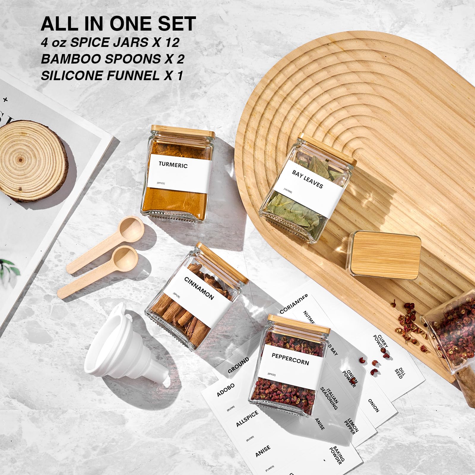 Glass Spice Jars with Bamboo Lid, 4oz Square Spice Containers for Pantry Organization, Seasoning Bottles with Labels, Spoons, Funnel for Salt Sugar