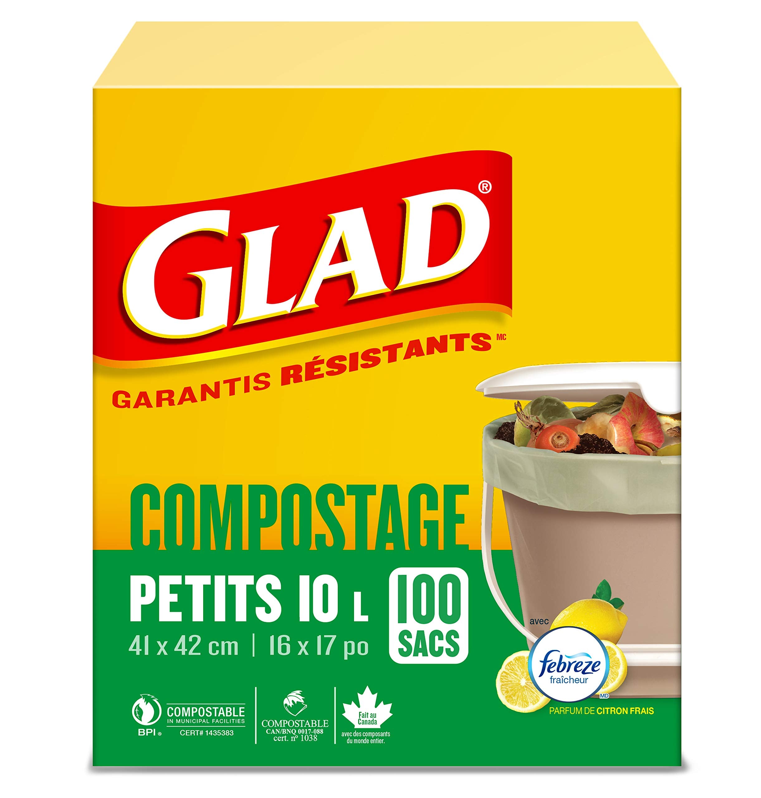 Glad 100% Compostable Bags - Small 10 Litres - Lemon scent 100 Compost Bags