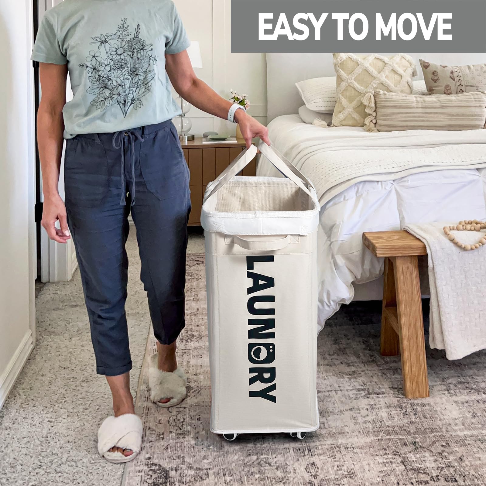 Goodpick Laundry Hamper with Wheels, 75L Collapsible Laundry Basket Organizer, Clothes Hamper with Removable Wash Bag for Bedroom, Large Laundry Basket with Handle, White