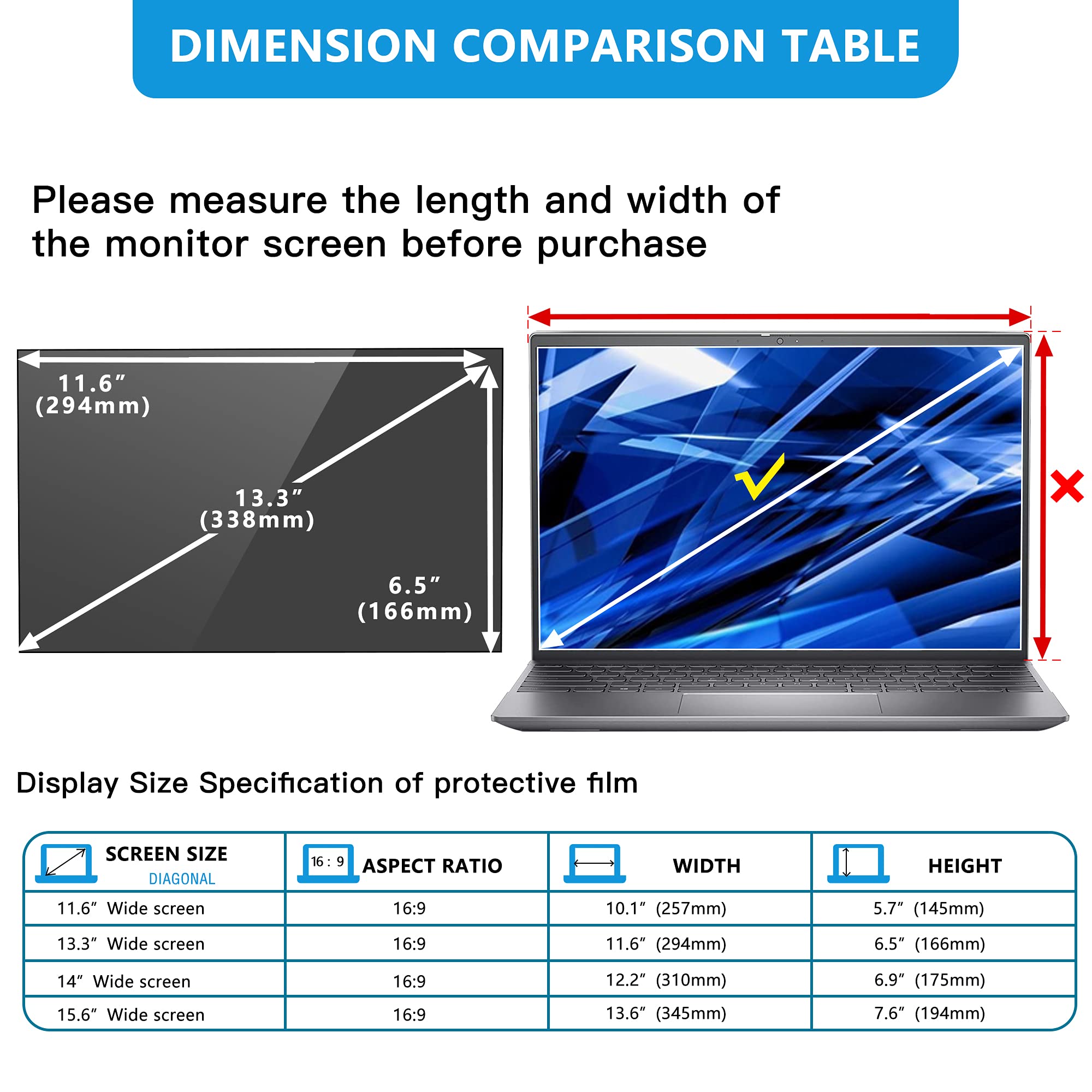 FILMEXT 13.3 inch laptop privacy screen filter anti-blue light screen protector,16:9 Aspect Ratio Laptop Privacy screen filter for Lenovo, HP, Dell, Acer, Asus, Samsung and other laptop brands