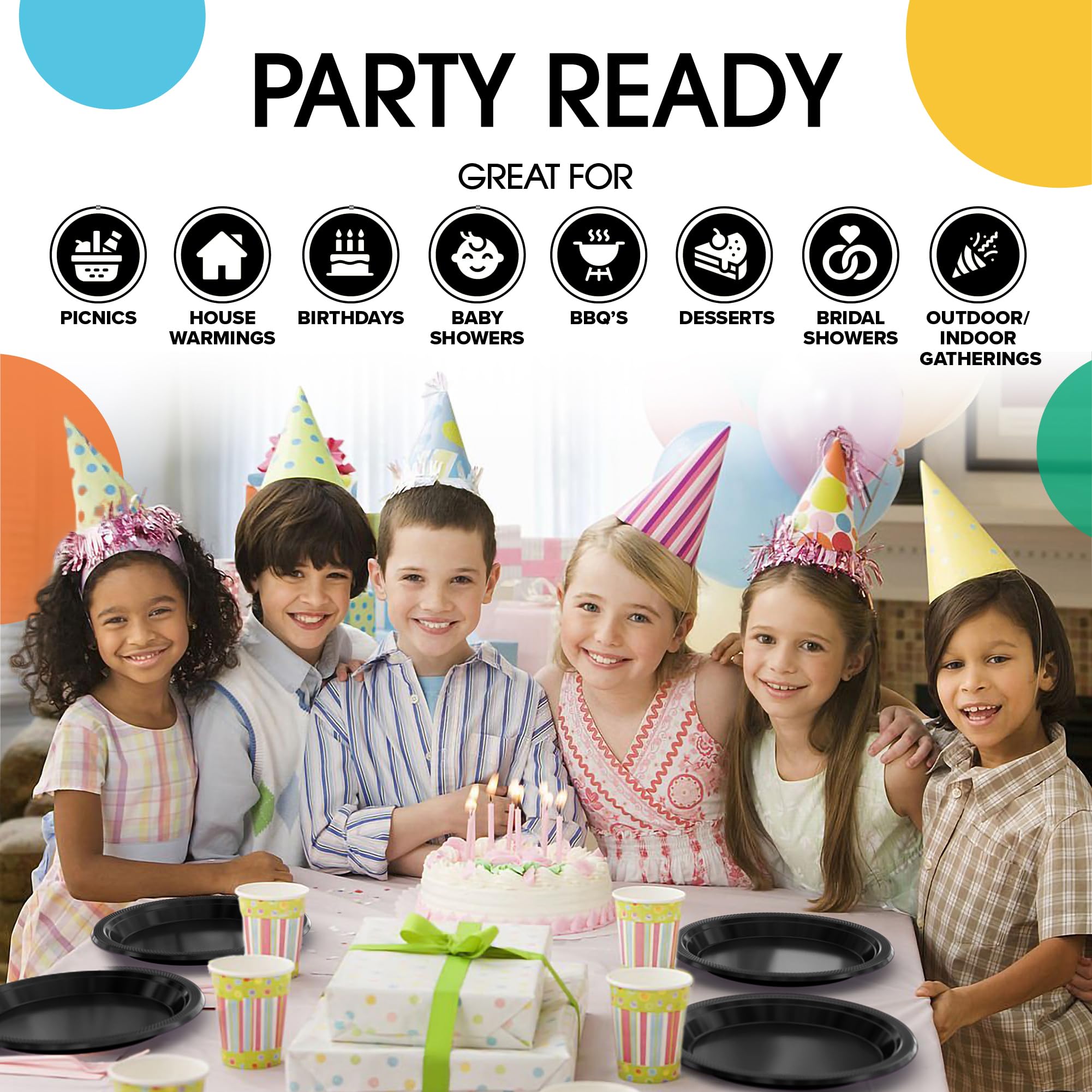 Party Solids Black Plastic Plates for Party 9" Black Disposable Plates Heavy Duty 100 Pcs Plastic Dinnerware Sets Heavy Duty 350 GSM Disposable Dinnerware Set