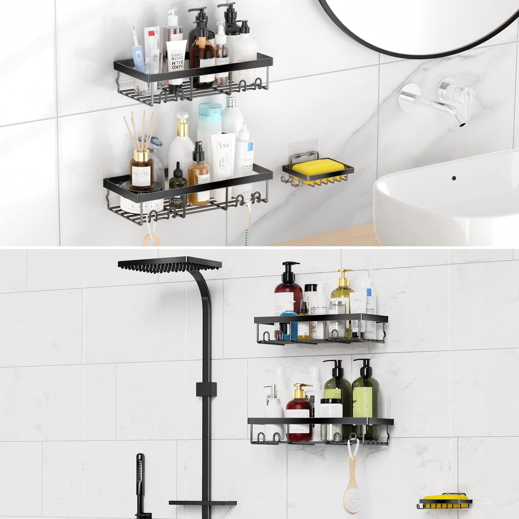 MOFOROCO 3-Pack Shower Caddy Basket Shelf with Soap Holder, No Drilling Traceless Adhesive Shower Wall Shelves, Rustproof Black Bathroom Shower Storage Organizer
