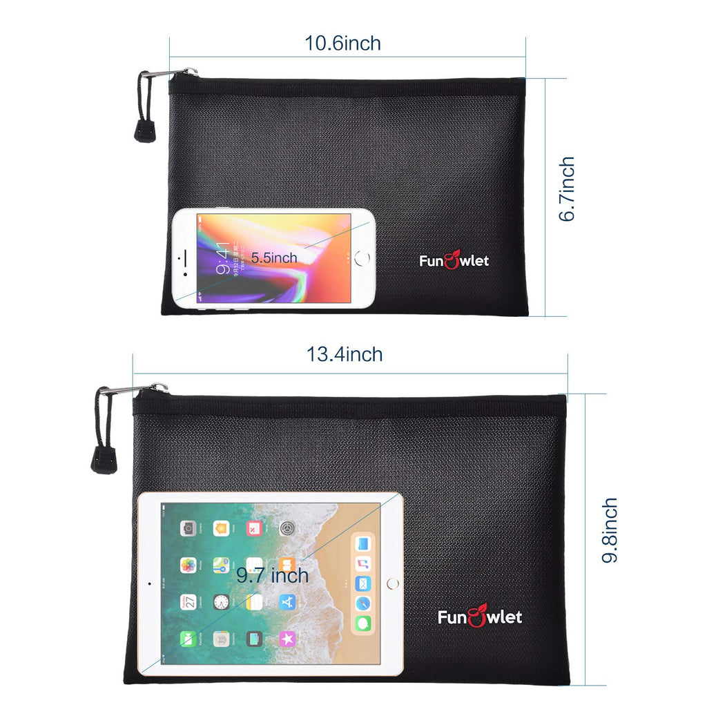 Fireproof Safe Money Document Bags - 2 Pack 13.4" x 9.8" and 10.6" x 6.7" Waterproof Zipper Bag, Fire & Water Resistant Storage Organizer Pouch for A4 A5 Documents Holder,File,Cash,Passport (Black)