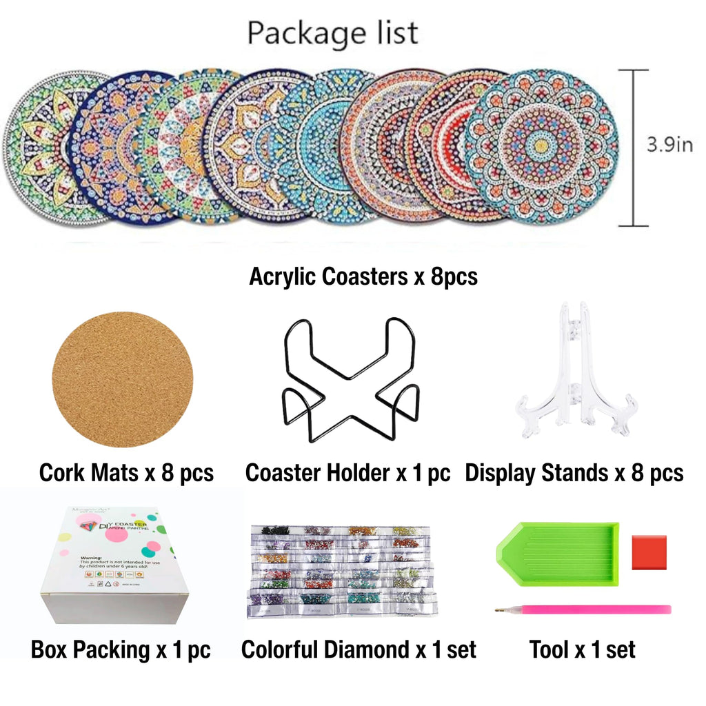 Muzagroo Art Mandala Diamond Painting Coasters with Holder 5D Diamond Art Kits for Beginners Stress-reducing Handicrafts for Adult DIY Coaster Art Craft Supply 8 PCS (Mandala)