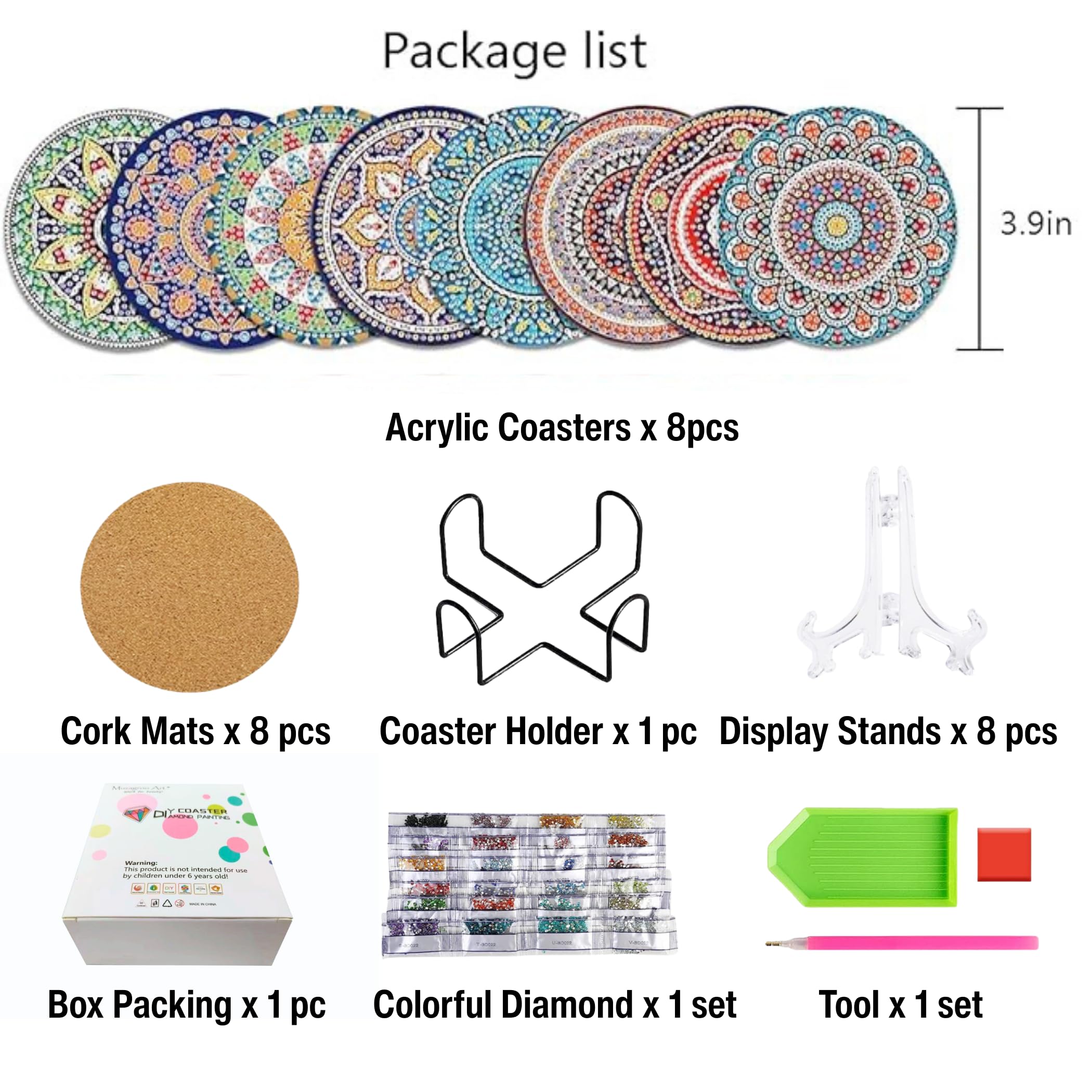 Muzagroo Art Mandala Diamond Painting Coasters with Holder 5D Diamond Art Kits for Beginners Stress-reducing Handicrafts for Adult DIY Coaster Art Craft Supply 8 PCS (Mandala)