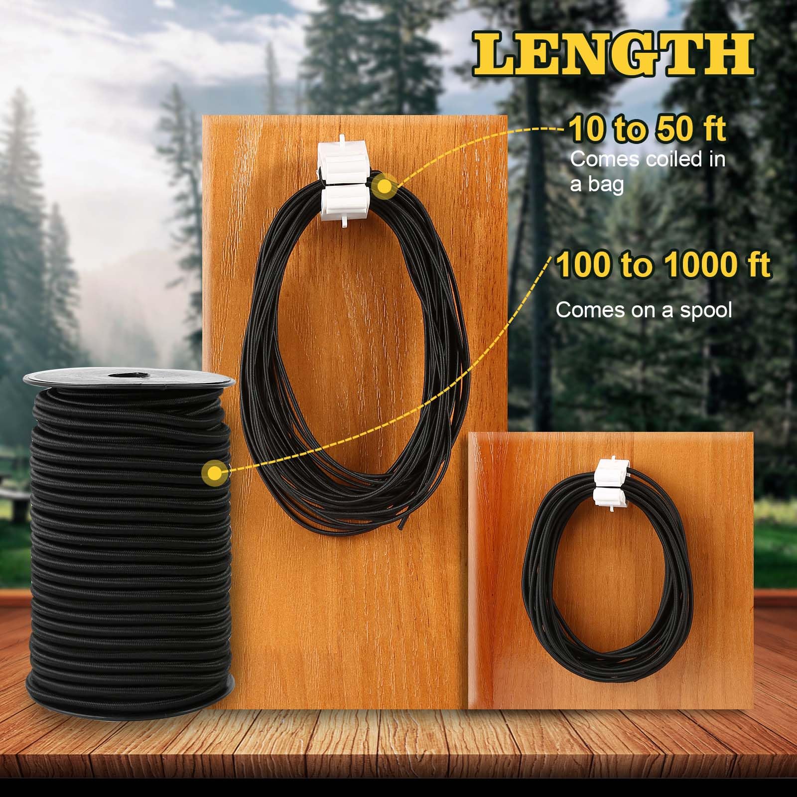 Zakous Strong and Durable Bungee Cord Roll - 3/16" x 100ft Elastic Cord, Kayak Stretch String Rope, Bungee Shock Cords for Repairing Tent Poles, DIY, Tie Downs, Black