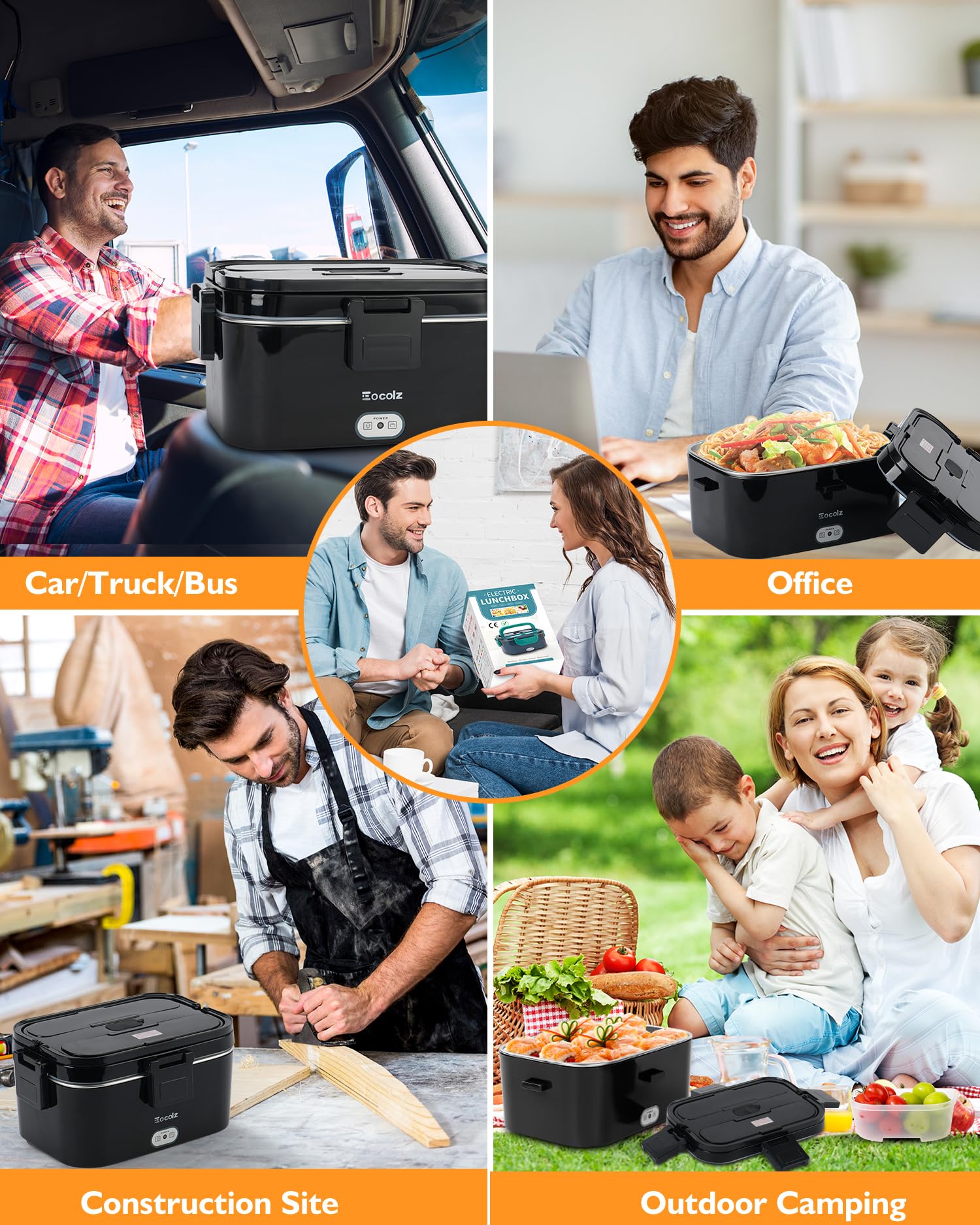 Electric Lunch Box Food Heater - 100W Fast Heating Lunch Box 12V/24V/110-230V Warming Lunchbox, Dual 1.8L Containers, Portable Food Warmer for Car/Truck/Travel, with Spork & Carry Bag (Black)
