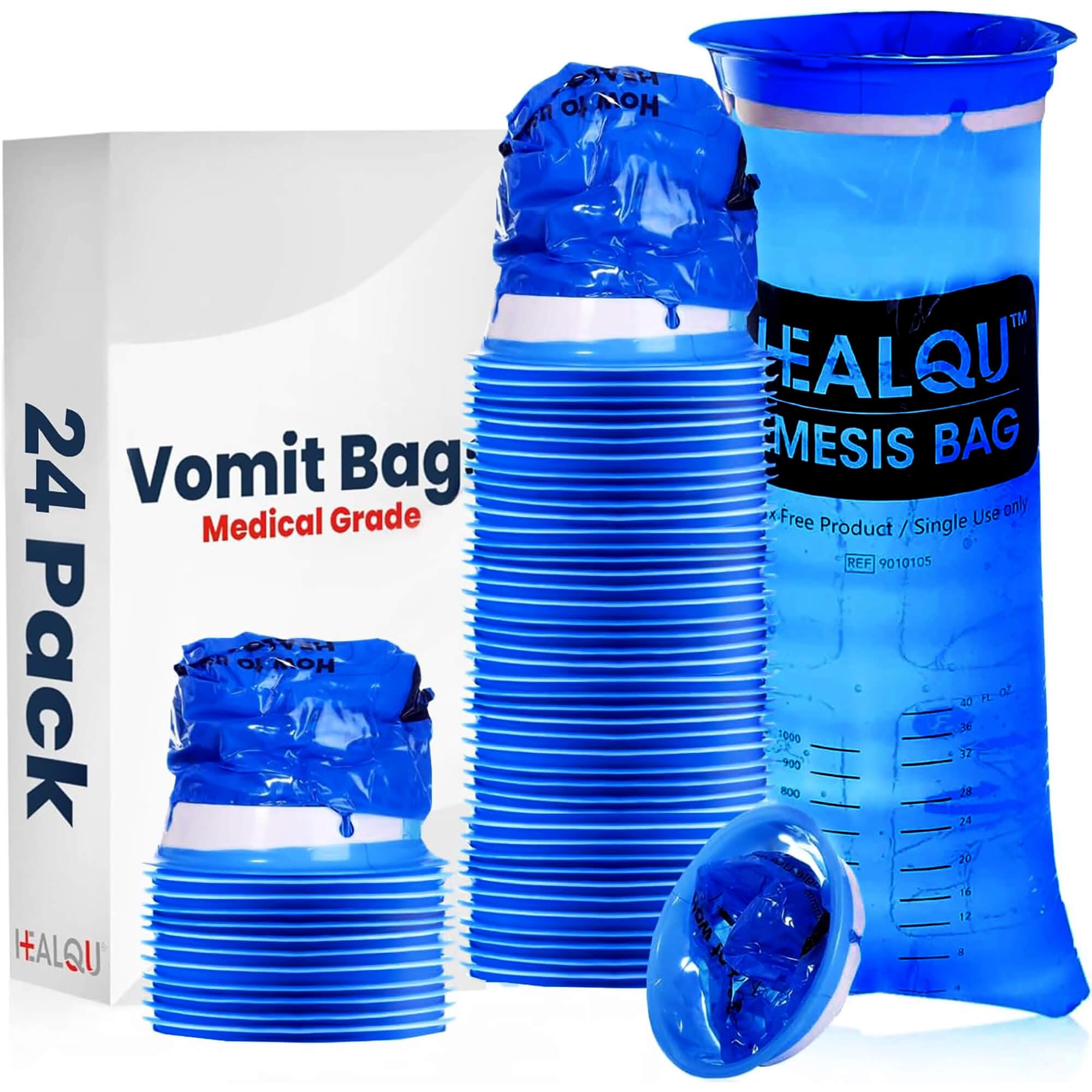 Healqu Hospital Vomit Bags - 24 Pack 1000ml Car Throw Up Bag - for Airsick Travel & Motion Sickness - Leak Resistant Medical Grade Puke Bag - Disposable Barf Bags Throw Up, Nausea