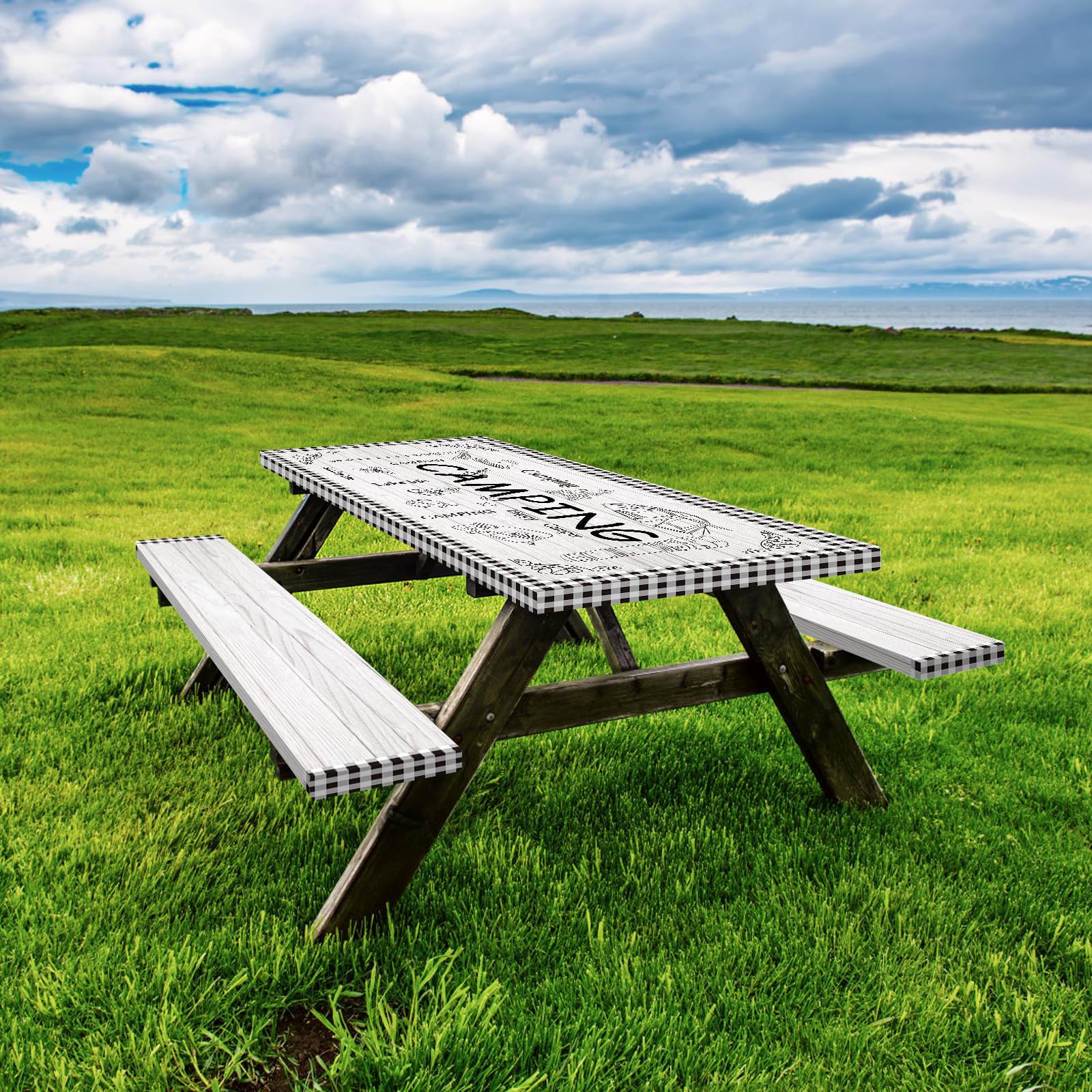 Caknowow Picnic Table Cover Fitted with Bench Covers Camping Tablecloth Waterproof Picnic Table Covers with Elastic Reusable Fabric Camping Table Cover for 6 Foot Picnic Tables